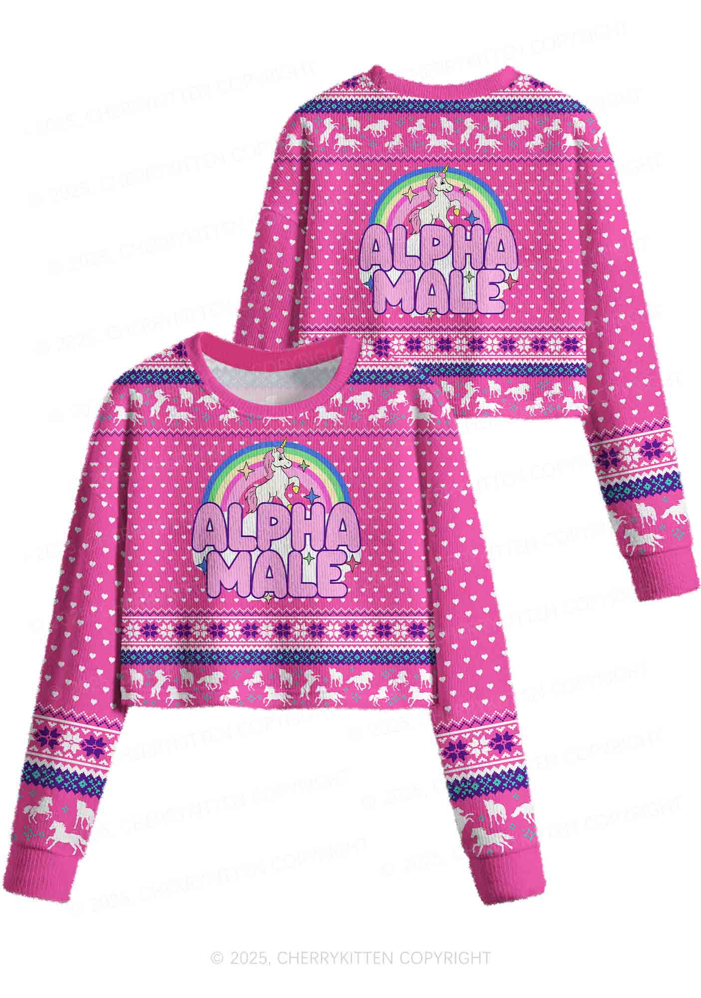 Rainbow Unicorn Alpha Male Y2K Christmas Crop Knit Sweatshirt Cherrykitten - Image 3