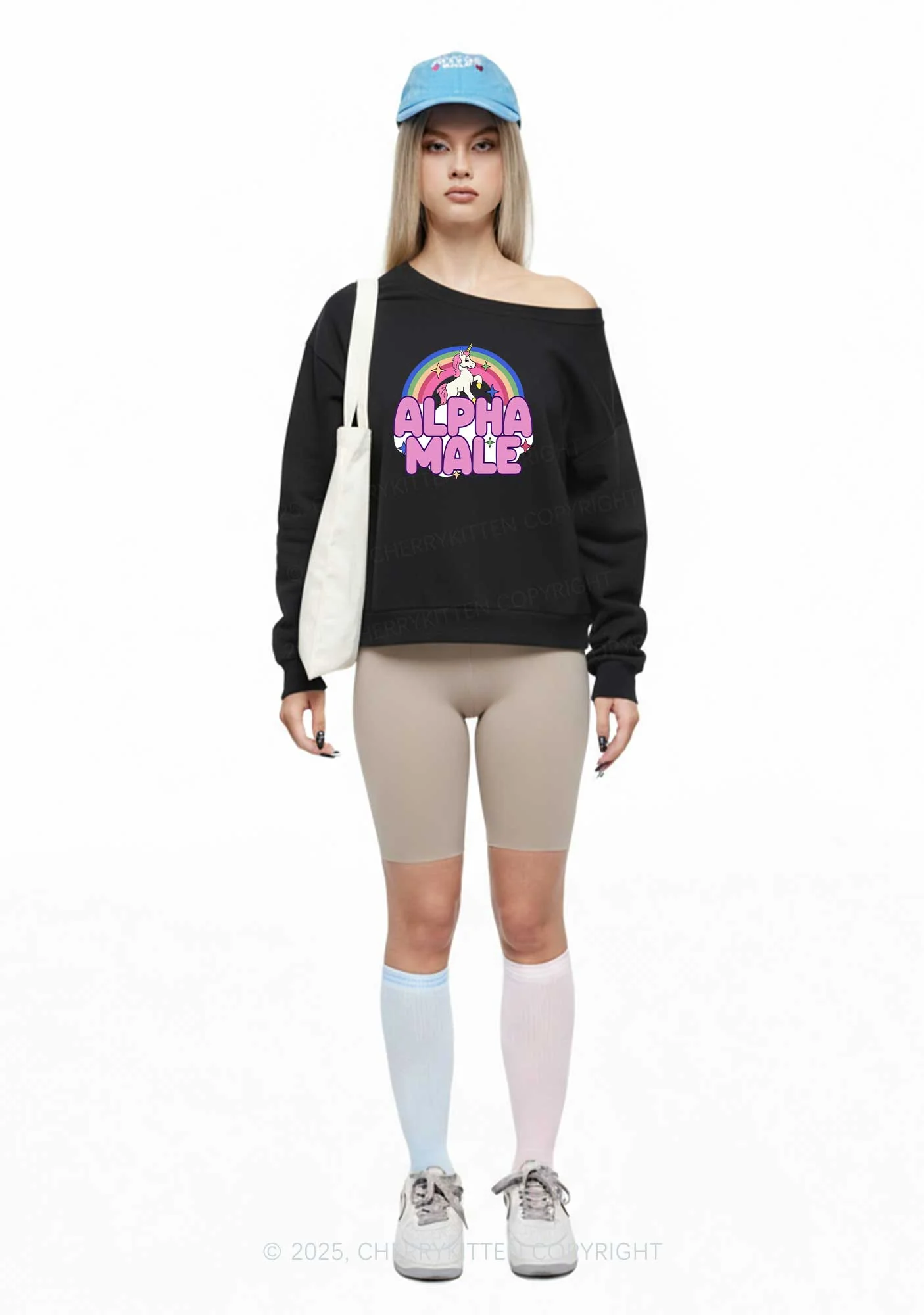 Rainbow Unicorn Alpha Male Y2K Off Shoulder Sweatshirts Cherrykitten - Image 2