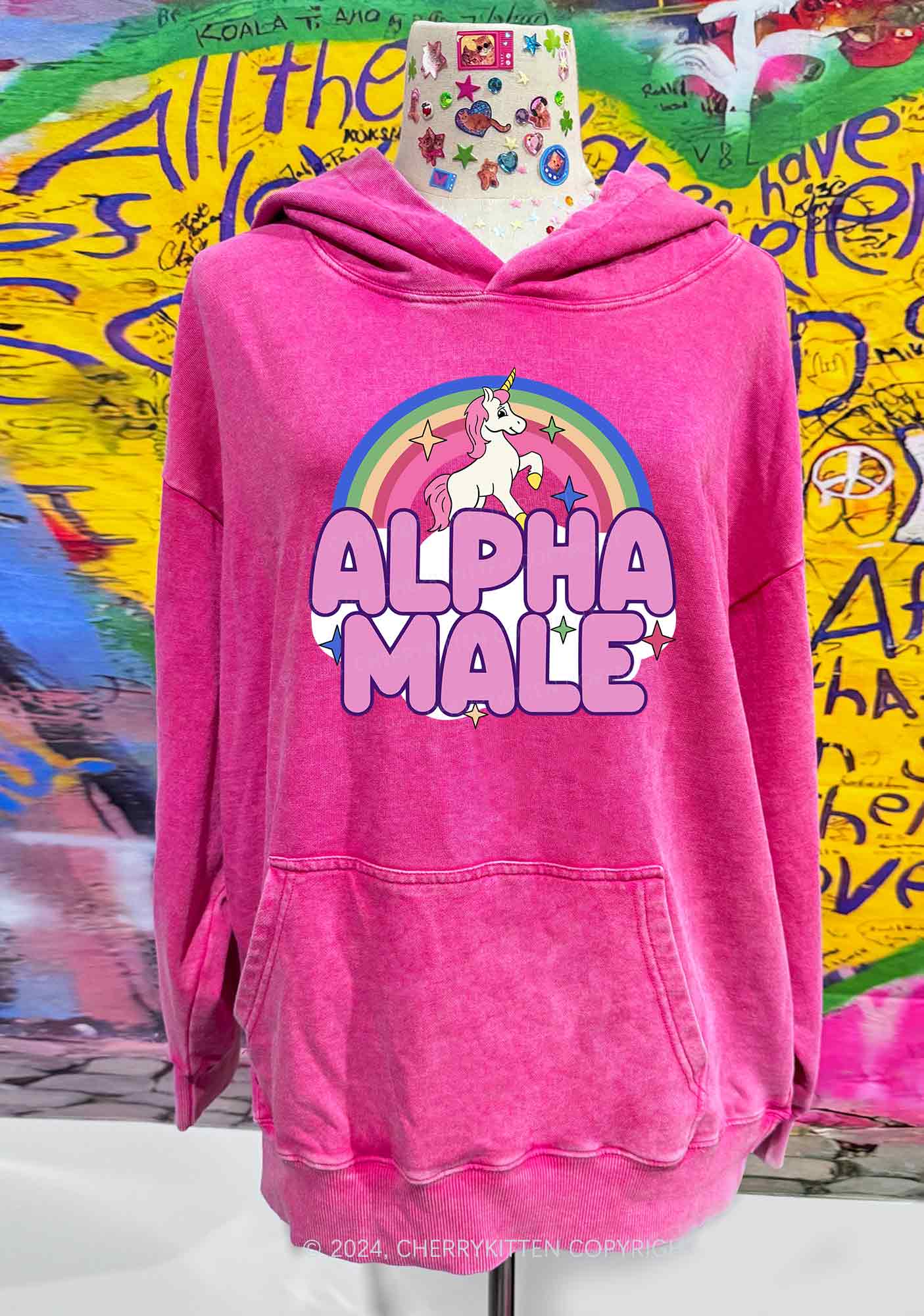 Rainbow Unicorn Alpha Male Y2K Washed Hoodie Cherrykitten - Image 2