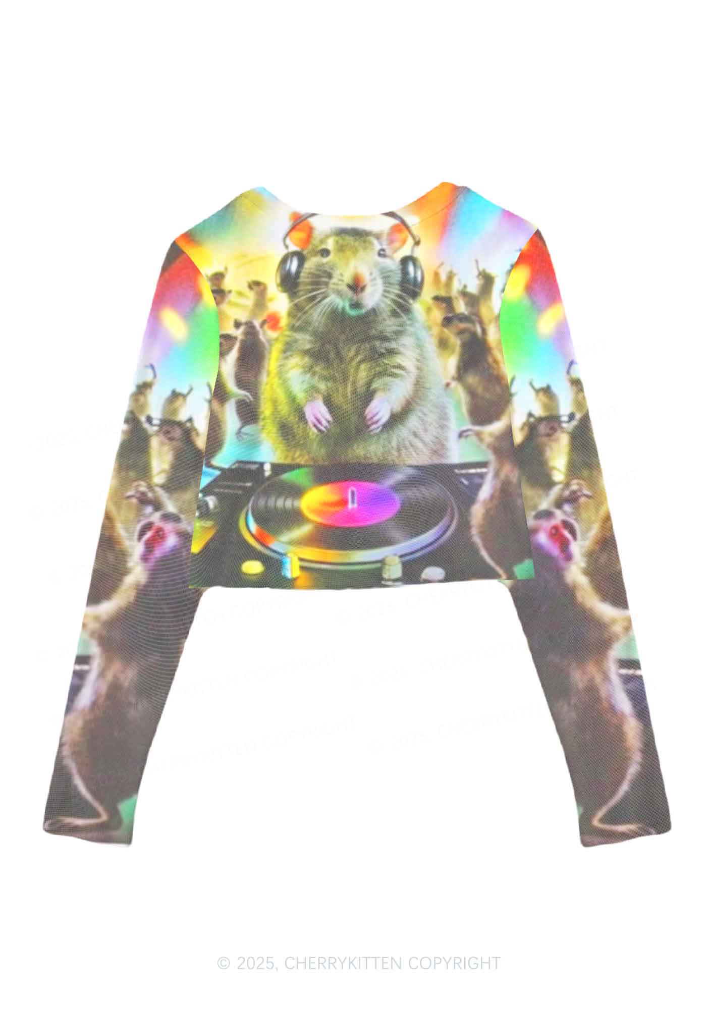Rats Party Y2K Mesh Long Sleeve Crop Top Cherrykitten - Image 2