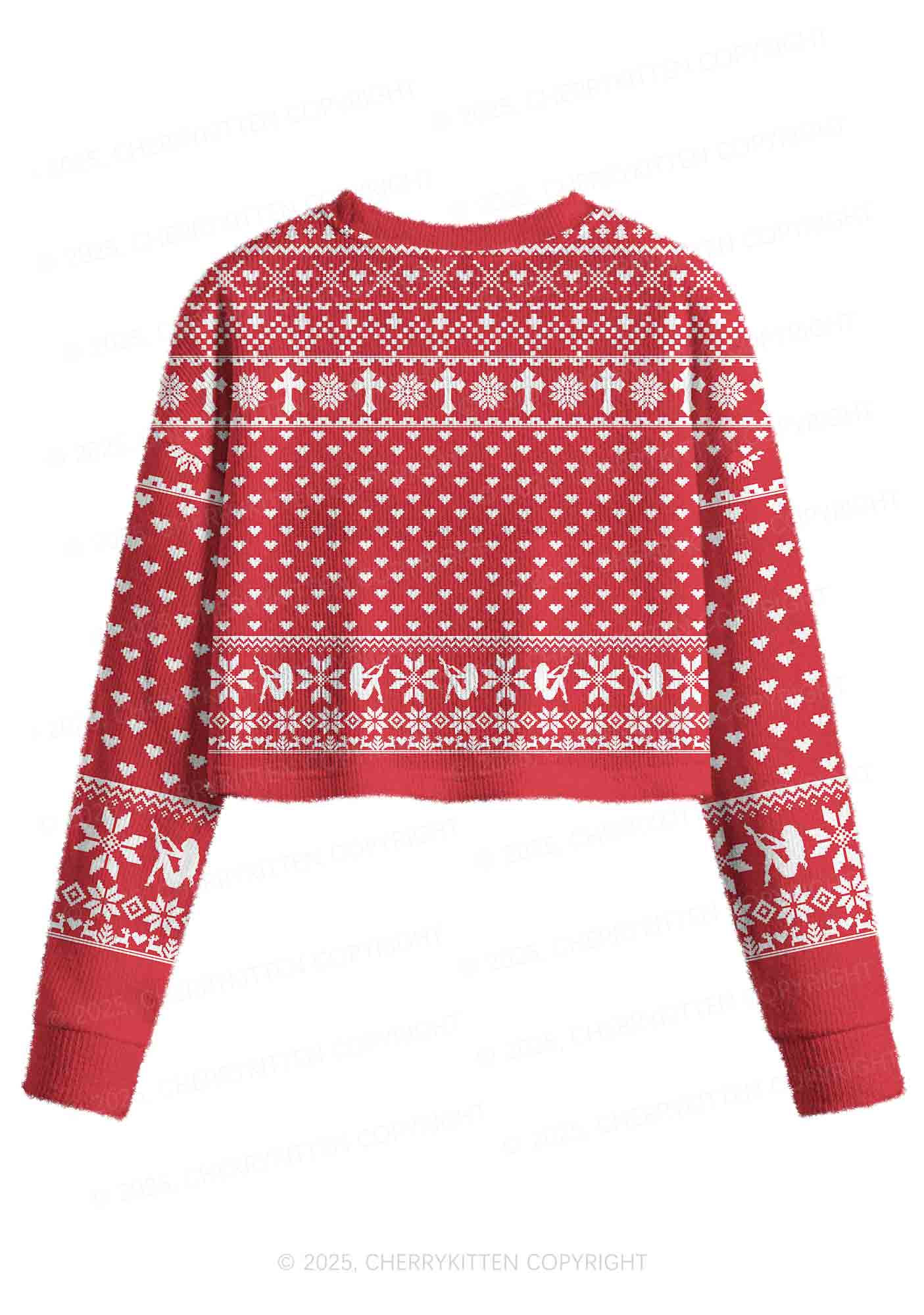 Red Cxxt Y2K Christmas Crop Knit Sweatshirt Cherrykitten - Image 2