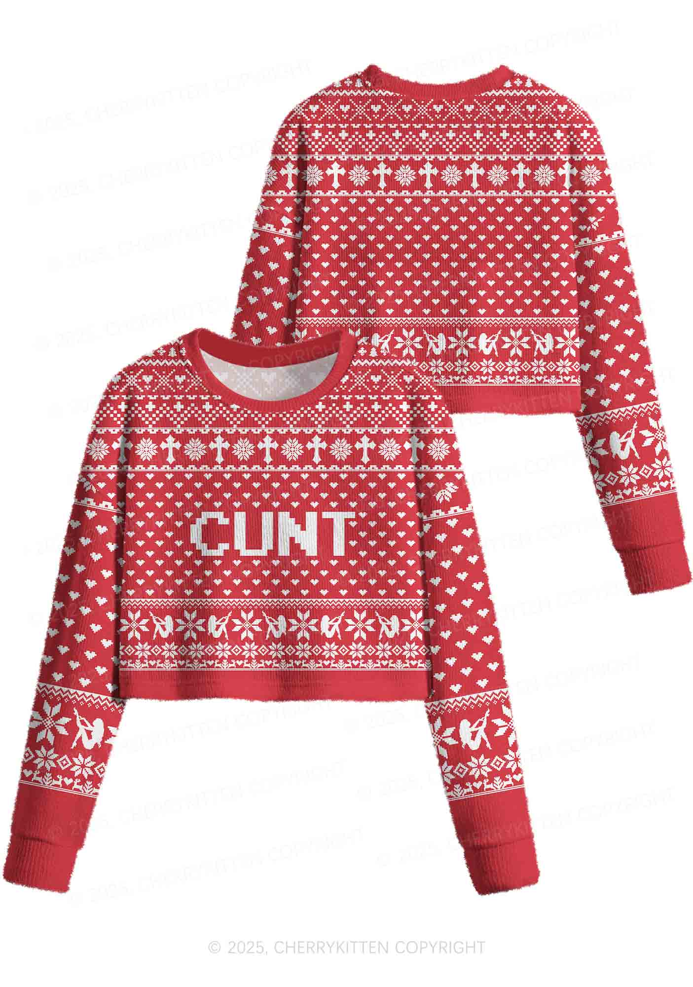 Red Cxxt Y2K Christmas Crop Knit Sweatshirt Cherrykitten - Image 3