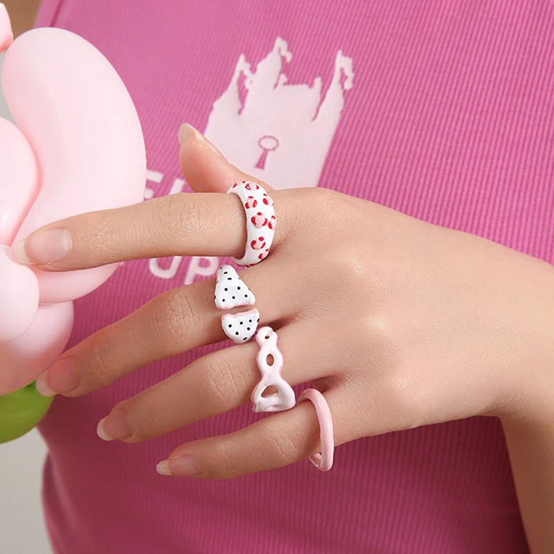 Red Dots Macaron Pink Zircon Y2K Rings - Image 2