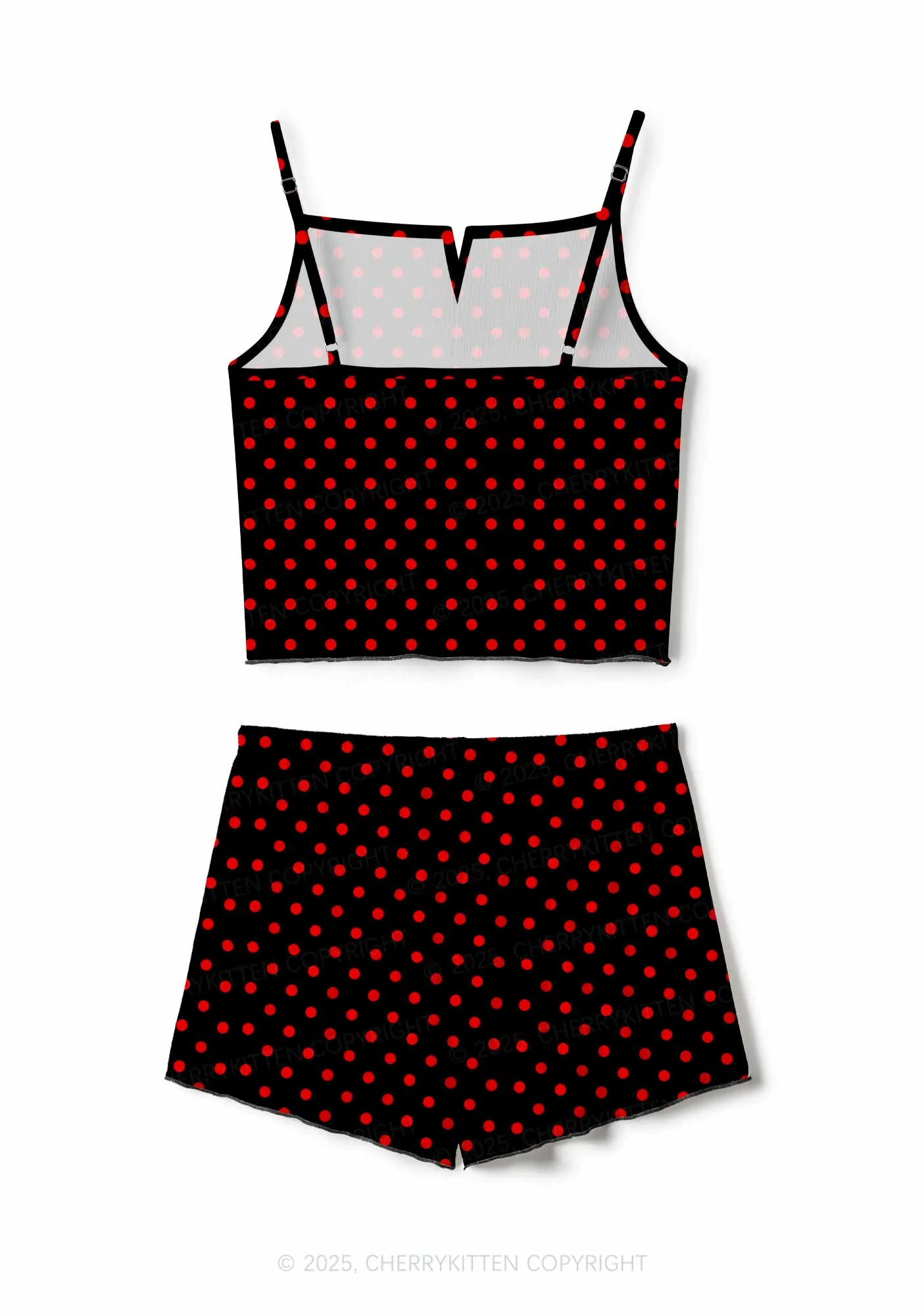 Red Dots On Black Valentine's Day Y2K Print Cami Shorts Pajama Set Cherrykitten - Image 2