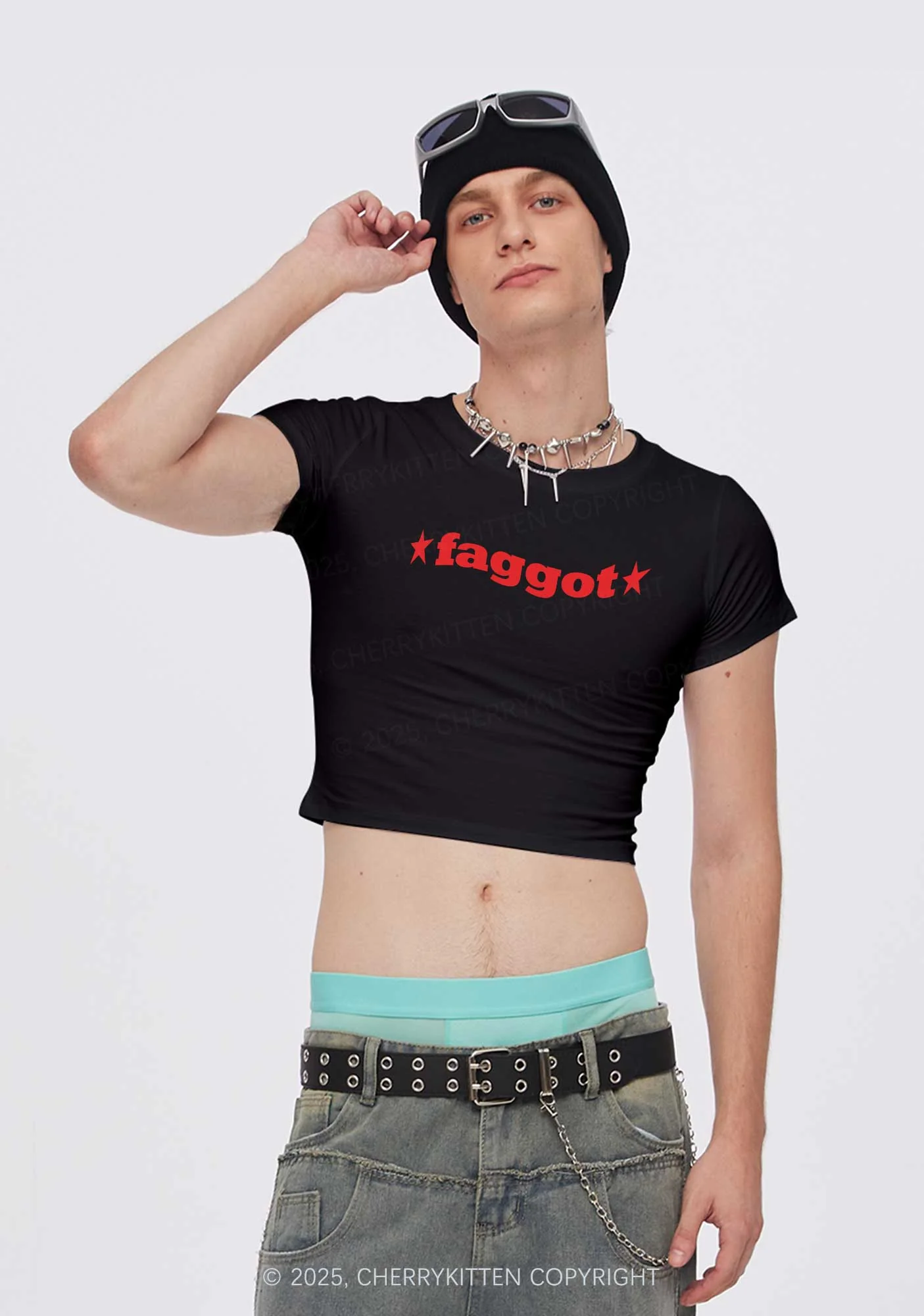 Red Faggot Pride Y2K Baby Tee Cherrykitten - Image 2