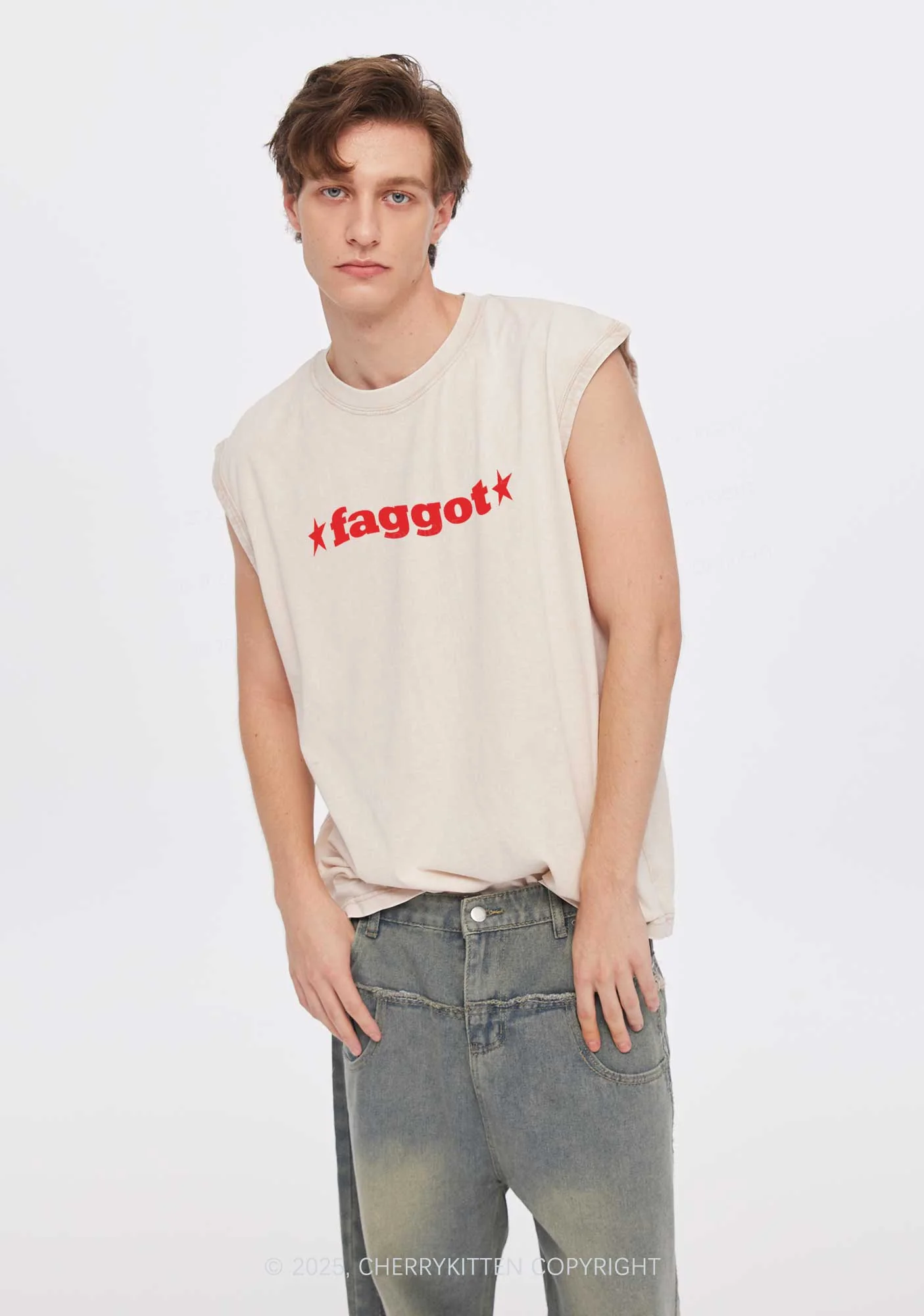 Red Faggot Pride Y2K Washed Muscle Tank Cherrykitten - Image 2