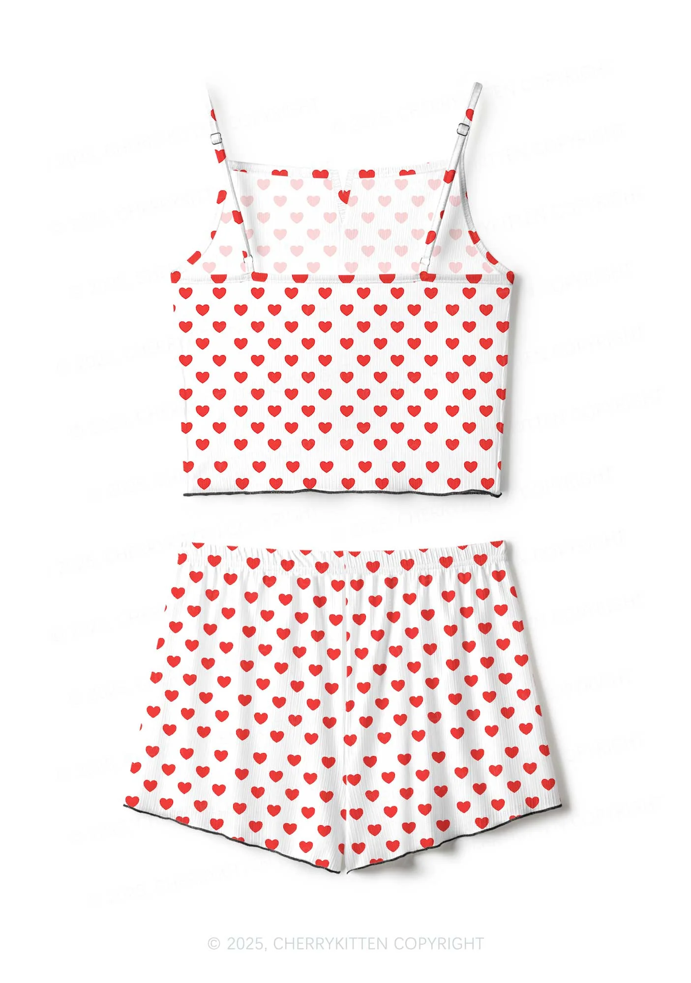 Red Heart On White Valentine's Day Y2K Print Cami Shorts Pajama Set Cherrykitten - Image 2