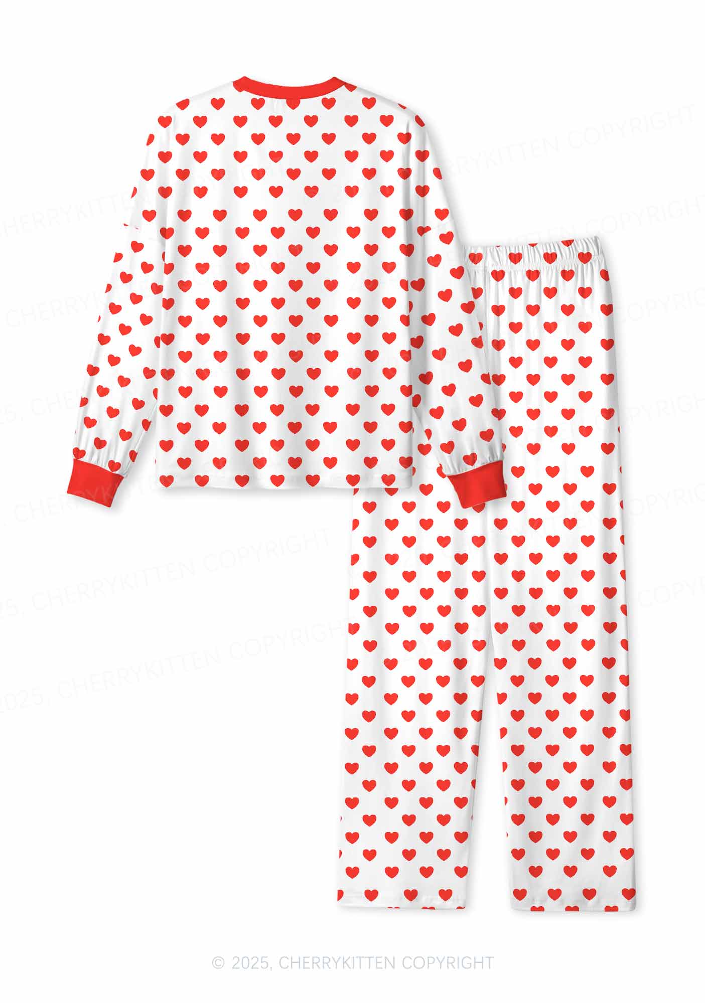 Red Heart On White Valentine's Day Y2K Print Long Sleeve Pajama Set Cherrykitten - Image 2