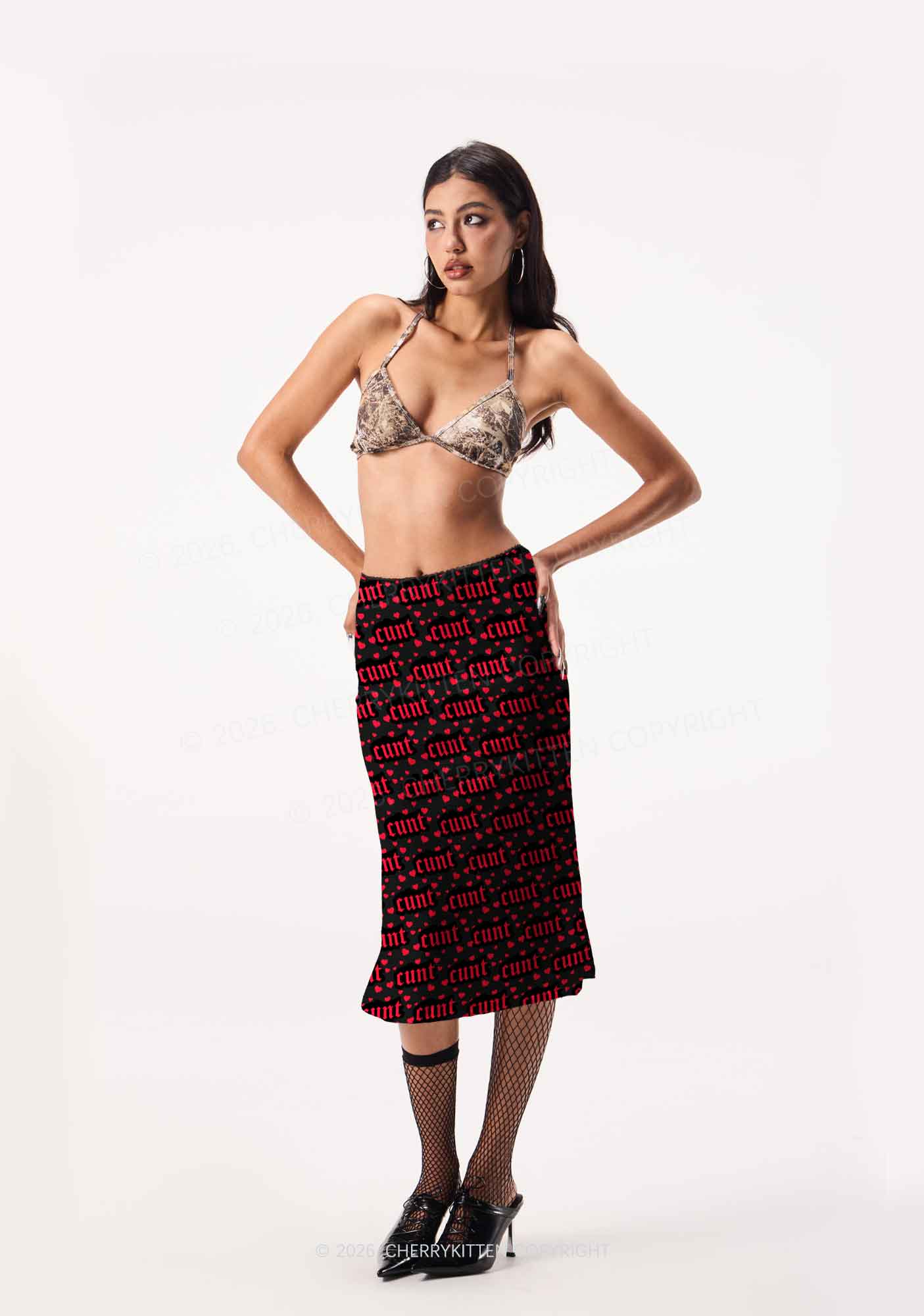 Red Hearts Cxxt Valentine's Day Y2K Print Midi Skirt Cherrykitten - Image 3