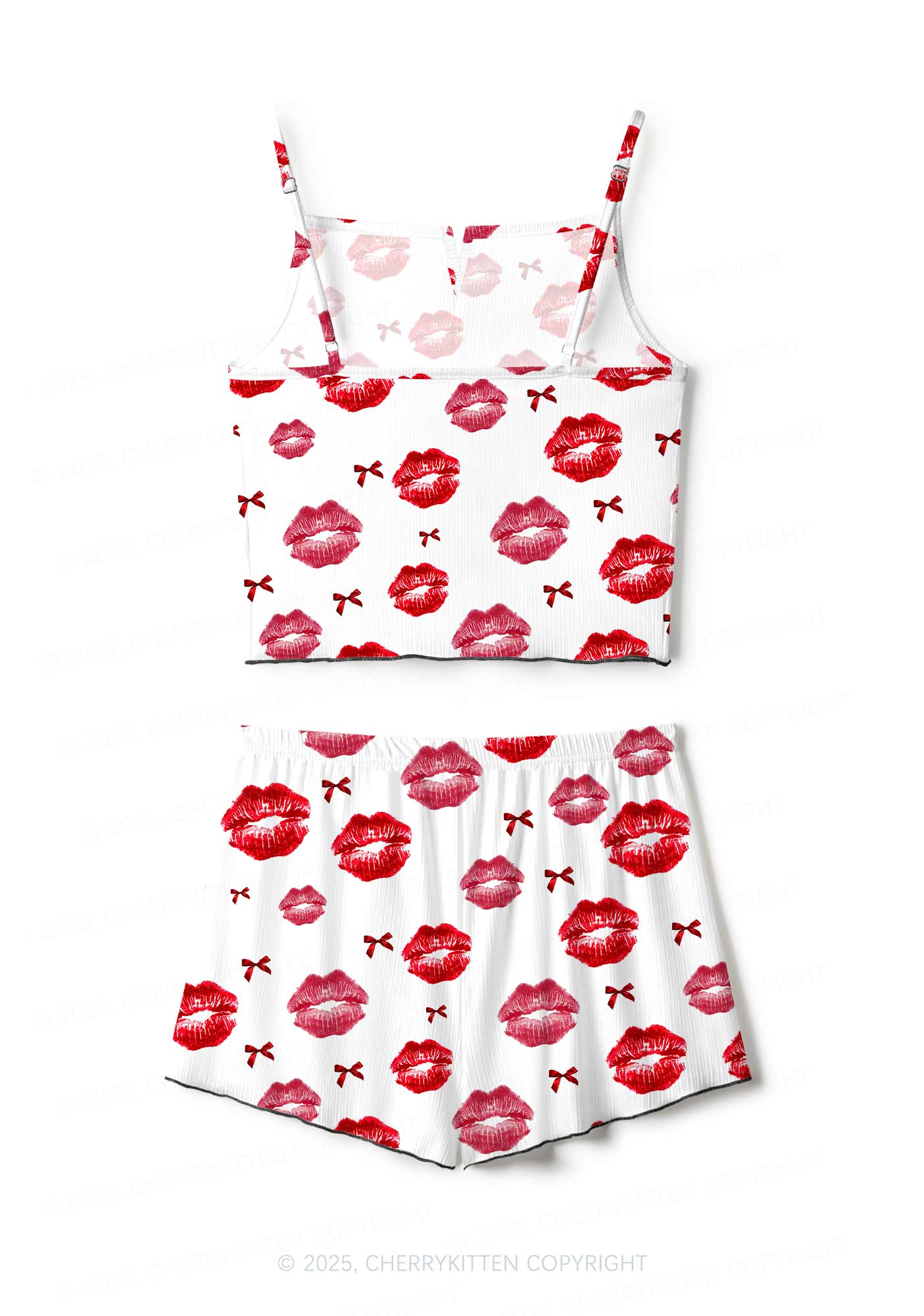 Red Lips Bows Y2K Print Cami Shorts Pajama Set Cherrykitten - Image 3