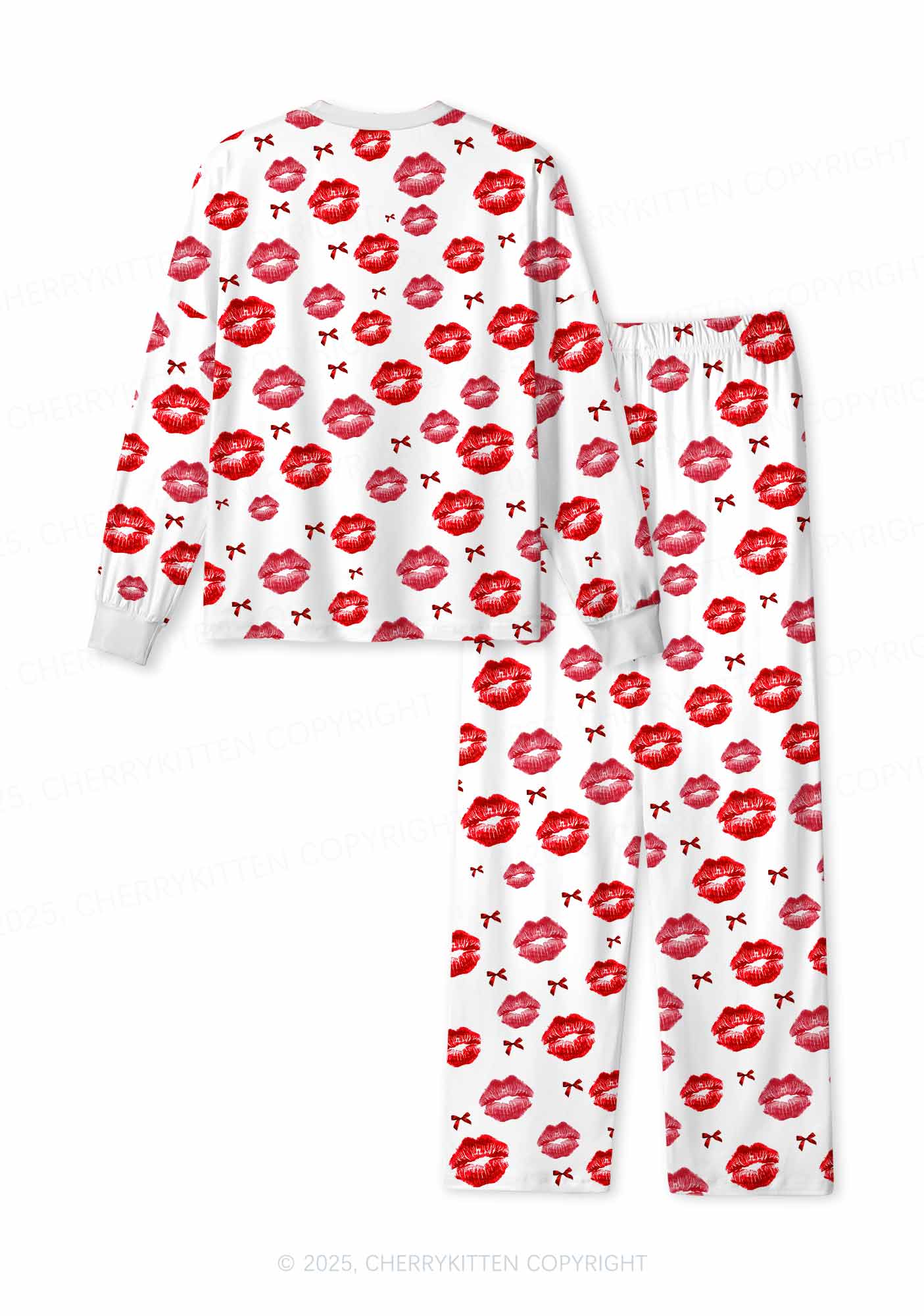 Red Lips Bows Y2K Print Long Sleeve Pajama Set Cherrykitten - Image 3