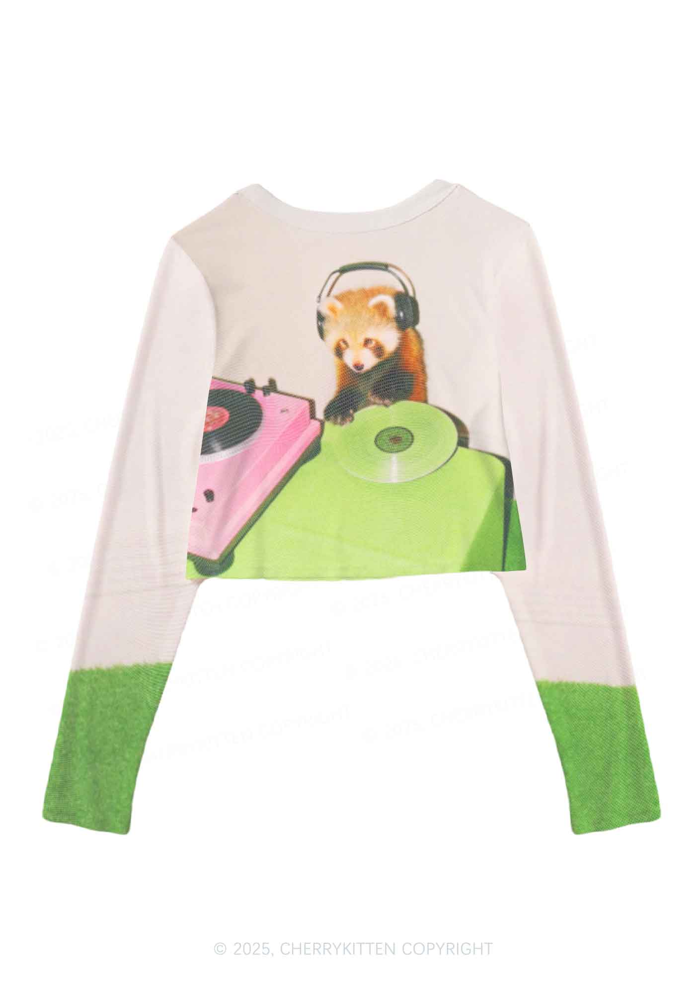 Red Panda DJ Y2K Mesh Long Sleeve Crop Top Cherrykitten - Image 2