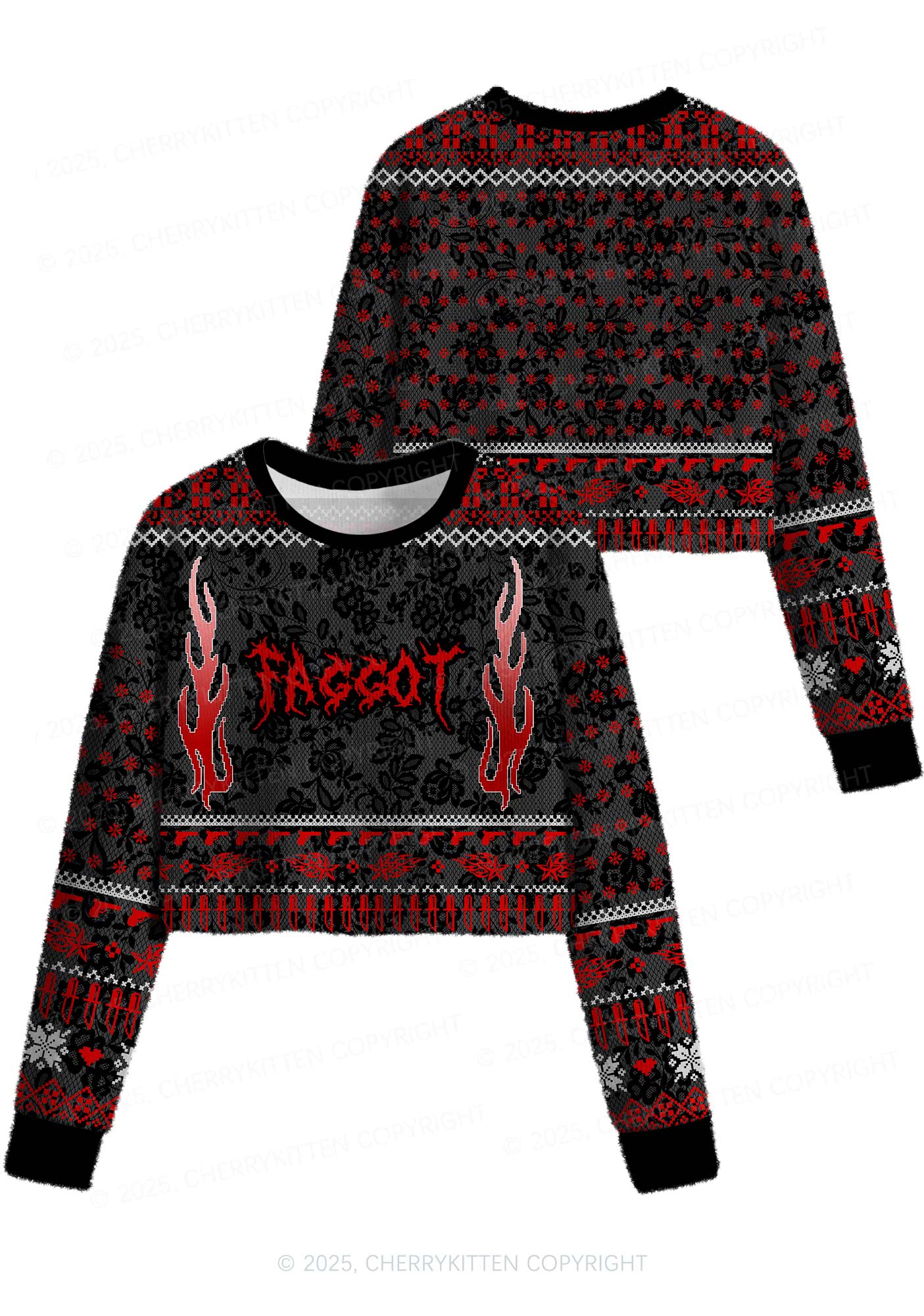 Red Punk Faggot Pride Y2K Christmas Crop Knit Sweatshirt Cherrykitten - Image 3