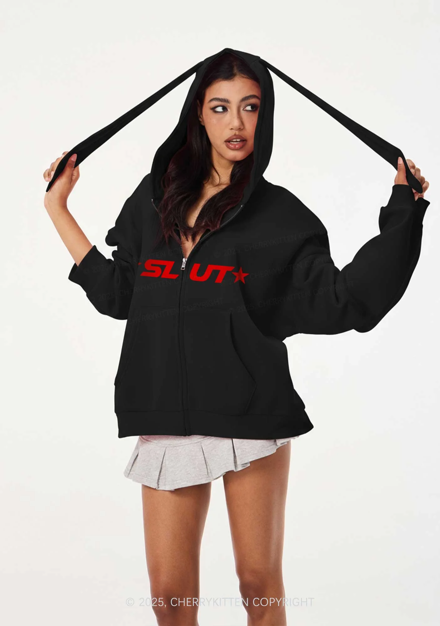Red Slxt Star Y2K Bunny Ear Zip Hoodie Cherrykitten - Image 2