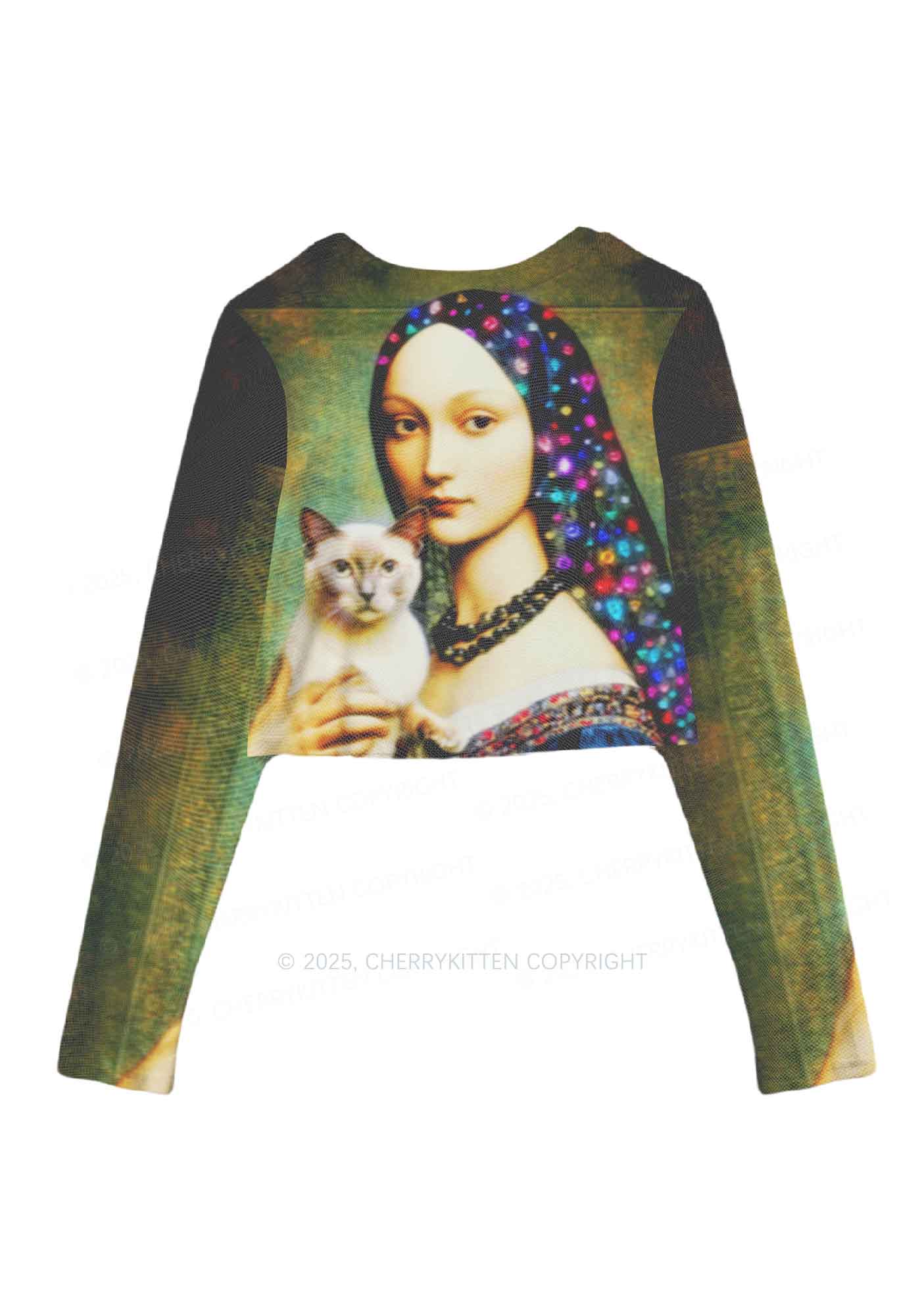 Renaissance Lady With Cat Y2K Mesh Long Sleeve Crop Top Cherrykitten - Image 3