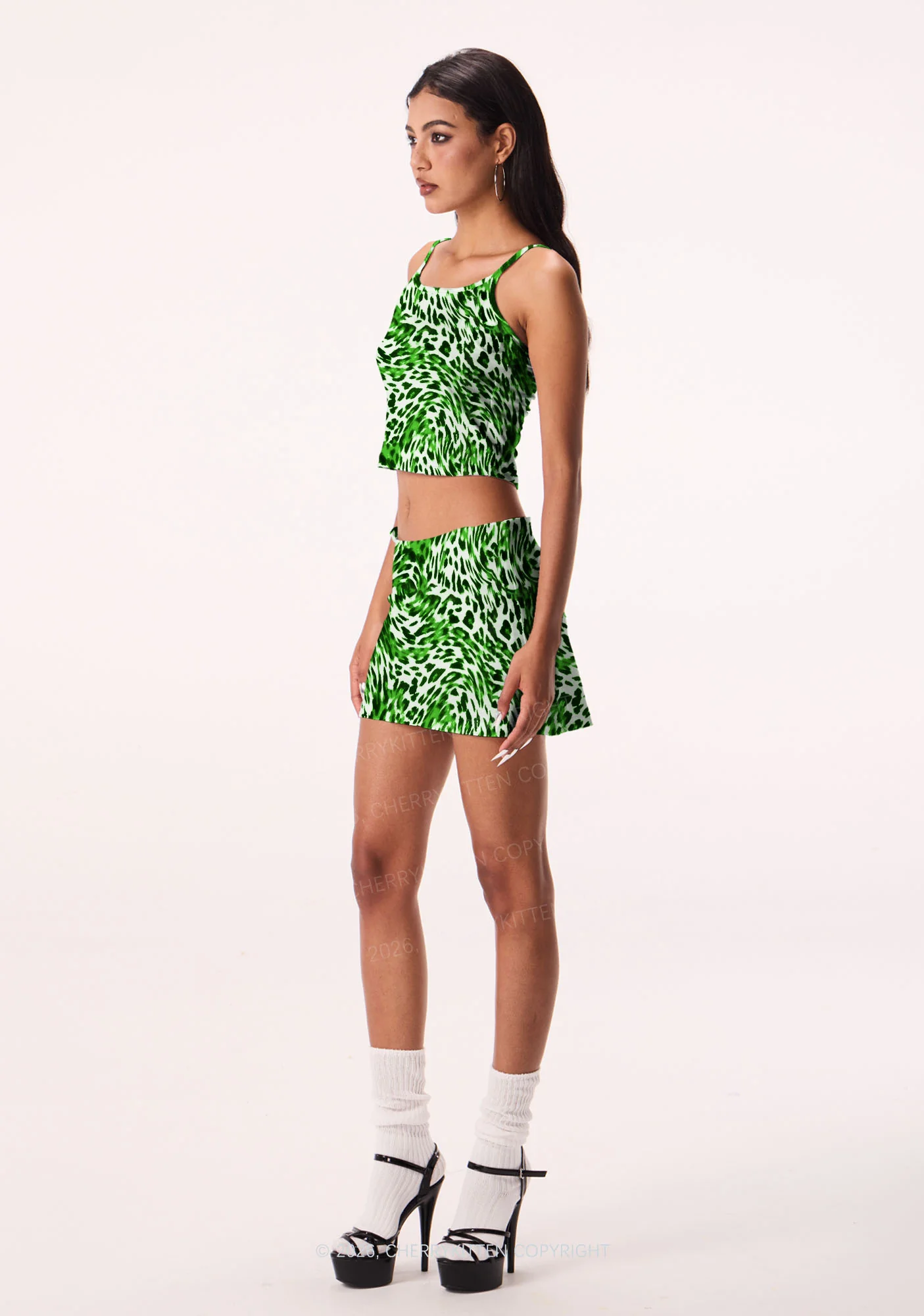 Retro Green Leopard St Patricks Y2K Print Mini Skirt Cherrykitten - Image 2