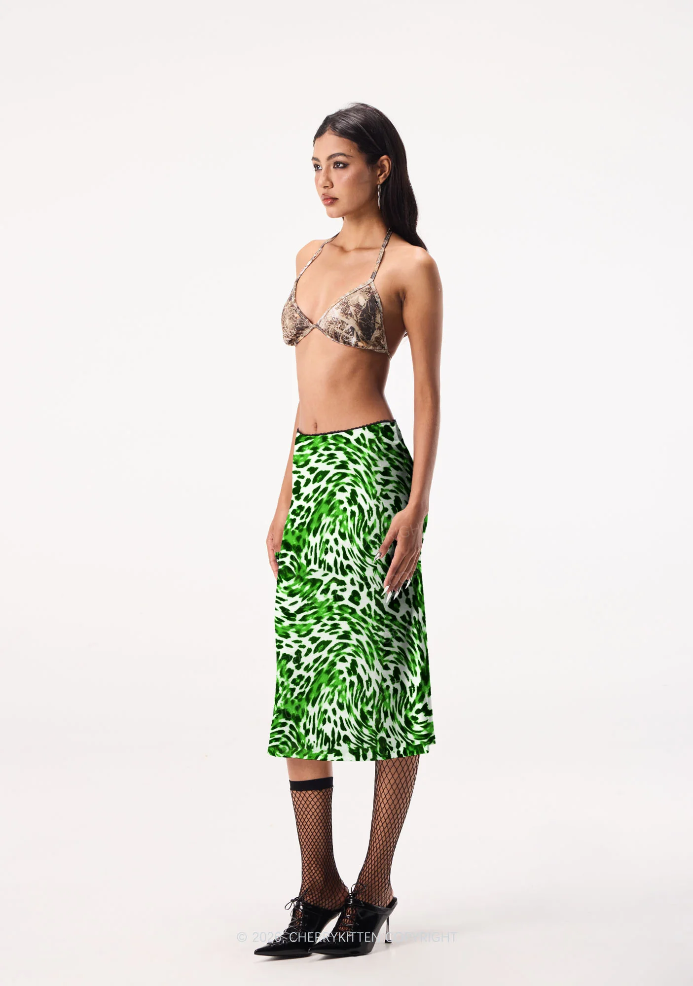 Retro Green Leopard St Patricks Y2K Print Midi Skirt Cherrykitten - Image 2