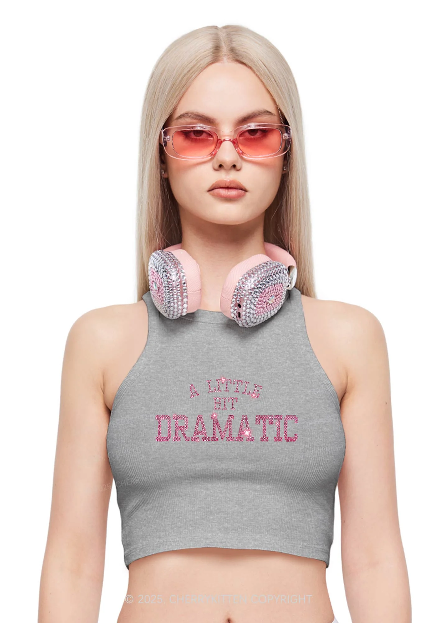 Rhinestone A Little Bit Dramatic Y2K Crop Tank Top Cherrykitten - Image 2