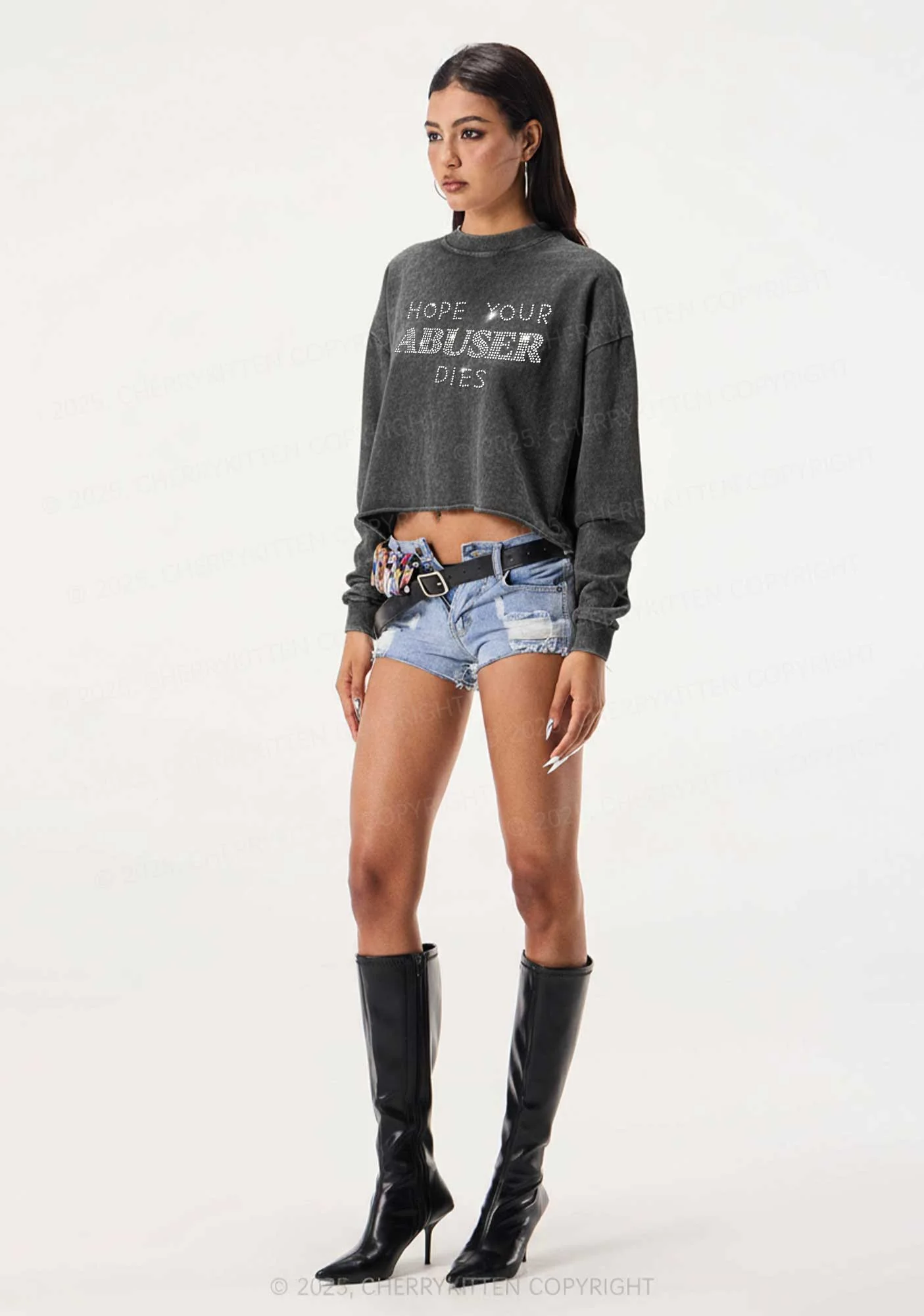Rhinestone Abuser Dies Y2K Crop Washed Sweatshirts Cherrykitten - Image 2