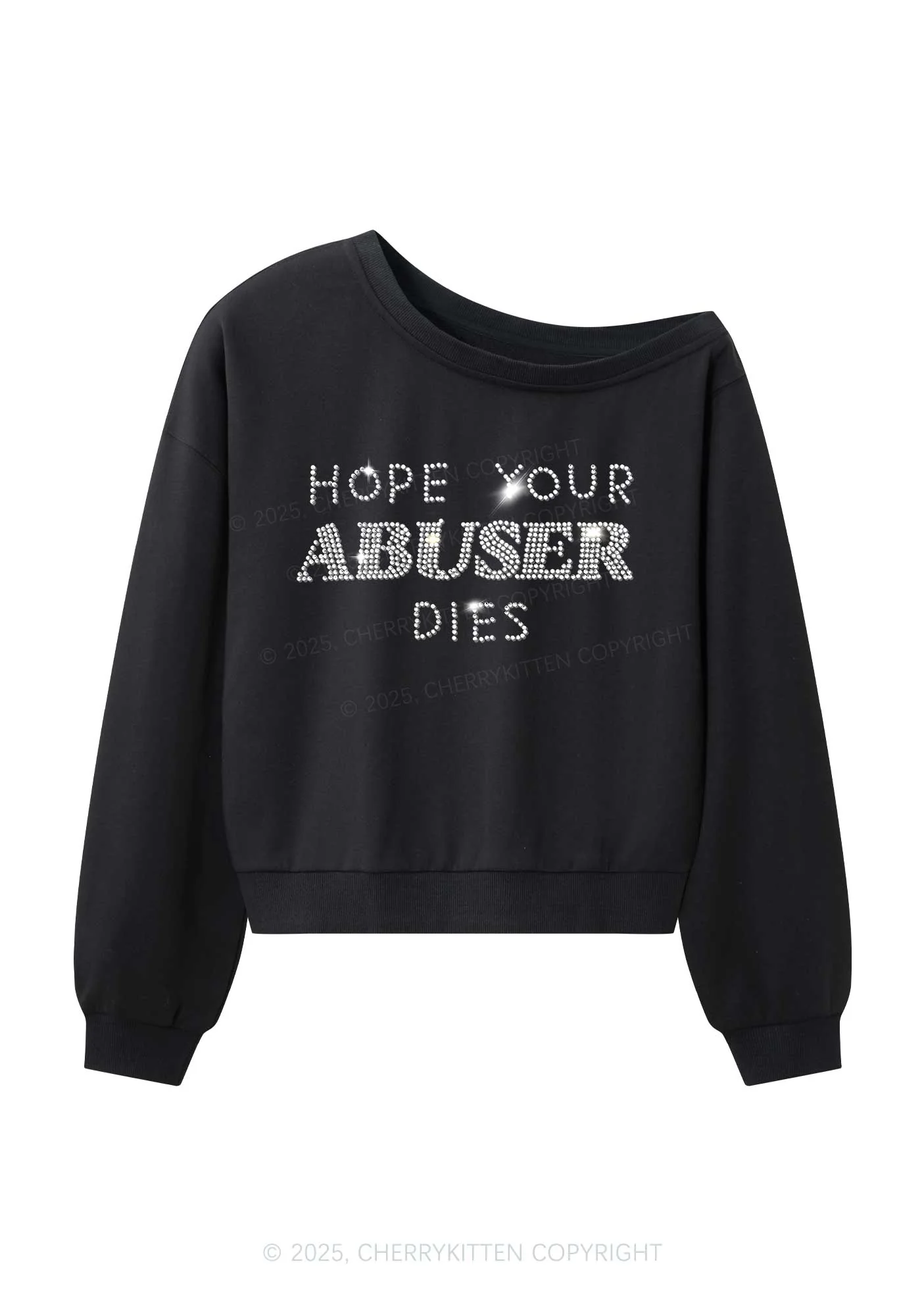 Rhinestone Abuser Dies Y2K Off Shoulder Sweatshirts Cherrykitten - Image 3