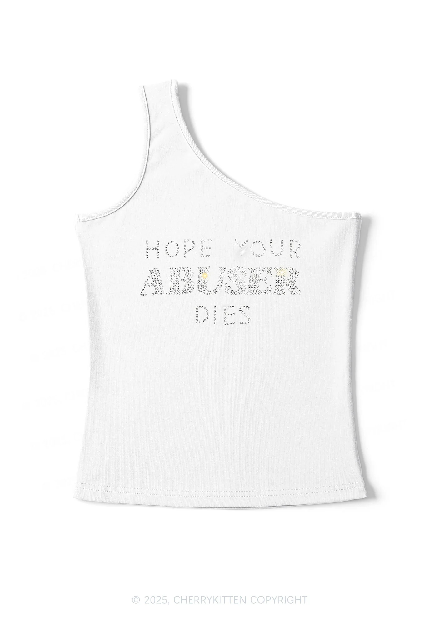 Rhinestone Abuser Dies Y2K One Shoulder Tank Top Cherrykitten - Image 2