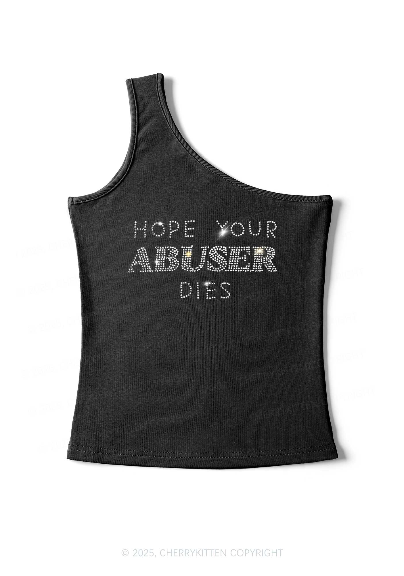 Rhinestone Abuser Dies Y2K One Shoulder Tank Top Cherrykitten - Image 3