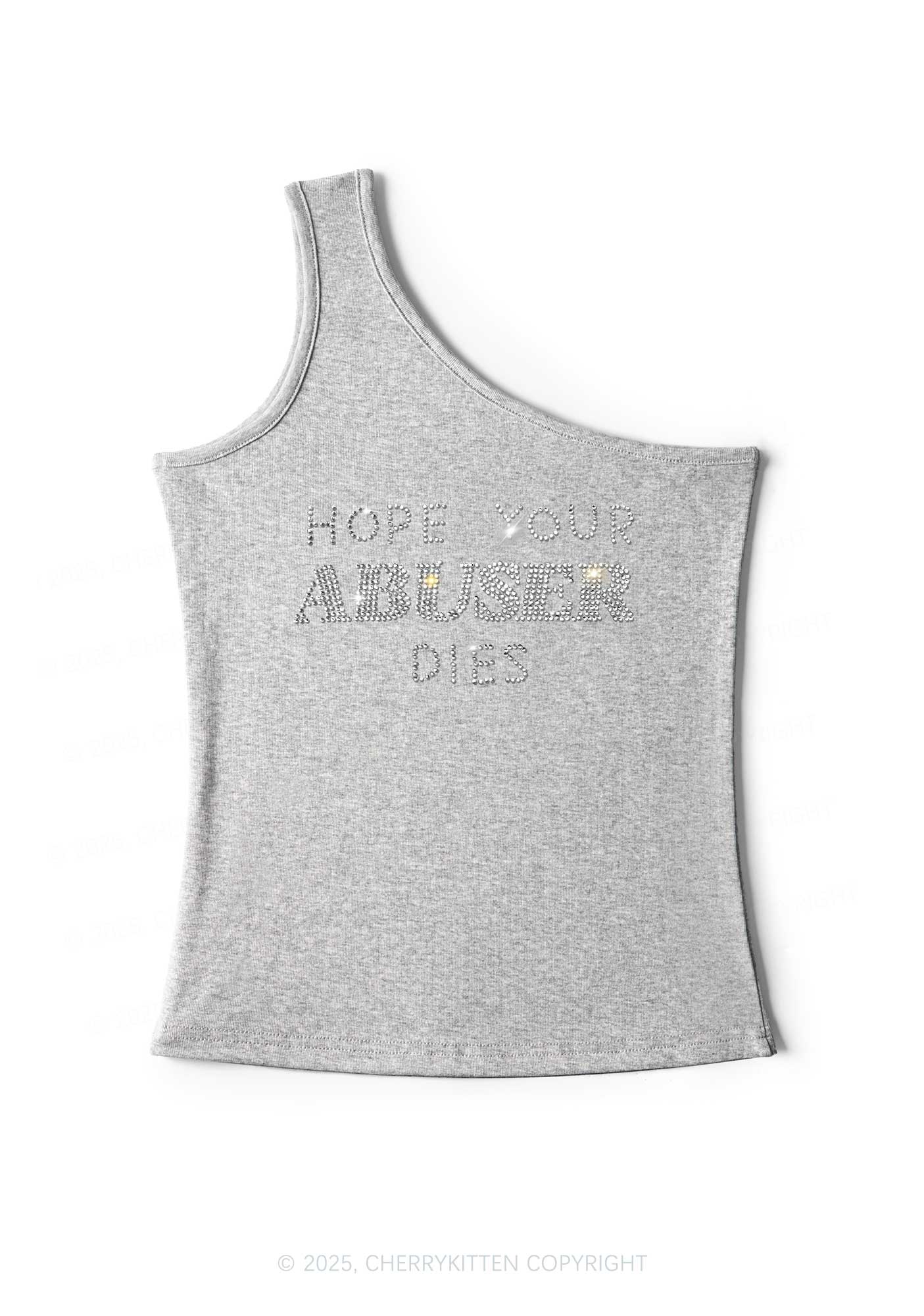 Rhinestone Abuser Dies Y2K One Shoulder Tank Top Cherrykitten - Image 4