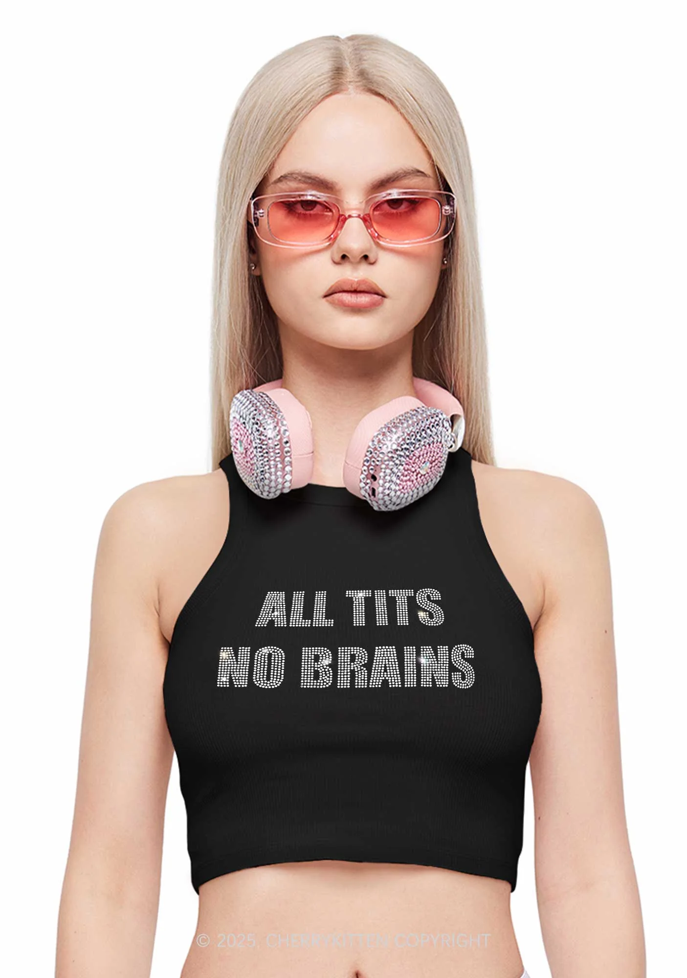 Rhinestone All Txts No Brains Y2K Crop Tank Top Cherrykitten - Image 2