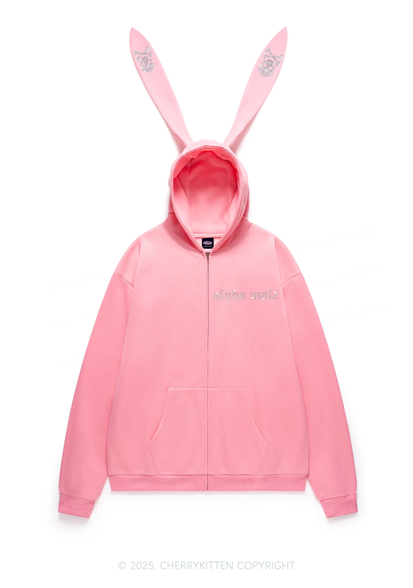 Rhinestone Alpha Male Skull Y2K Bunny Ear Zip Hoodie Cherrykitten - Image 4