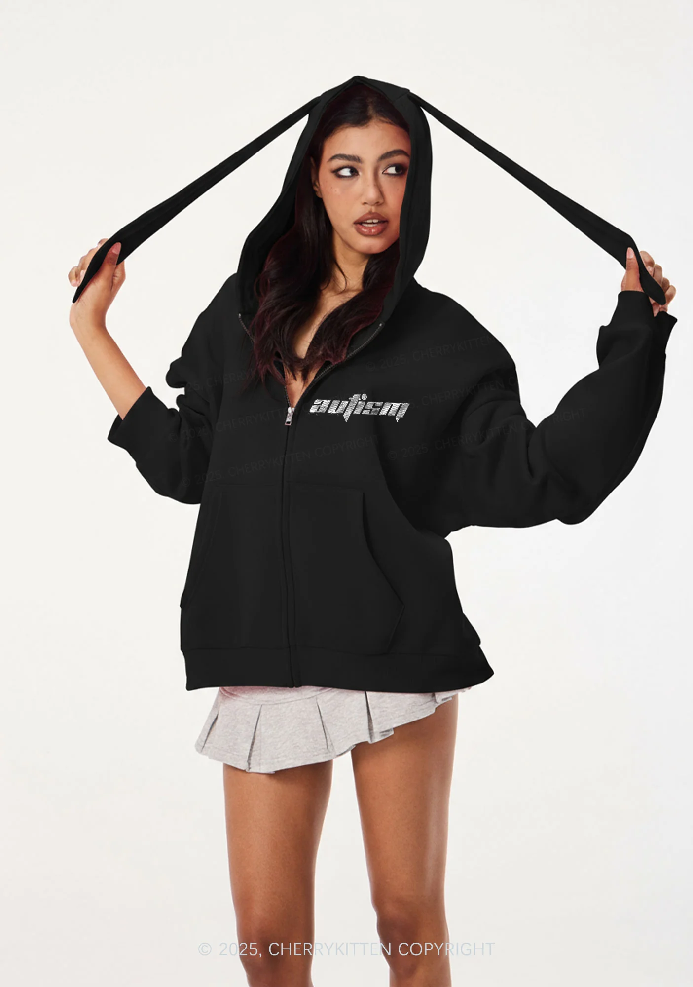 Rhinestone Autism Y2K Bunny Ear Zip Hoodie Cherrykitten - Image 2