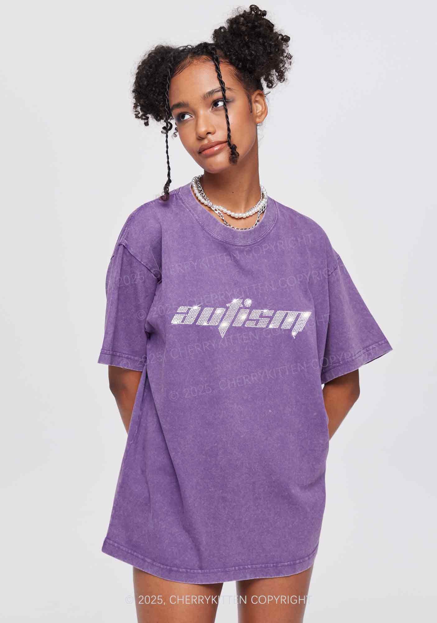 Rhinestone Autism Y2K Shirts Washed Tee Cherrykitten - Image 2