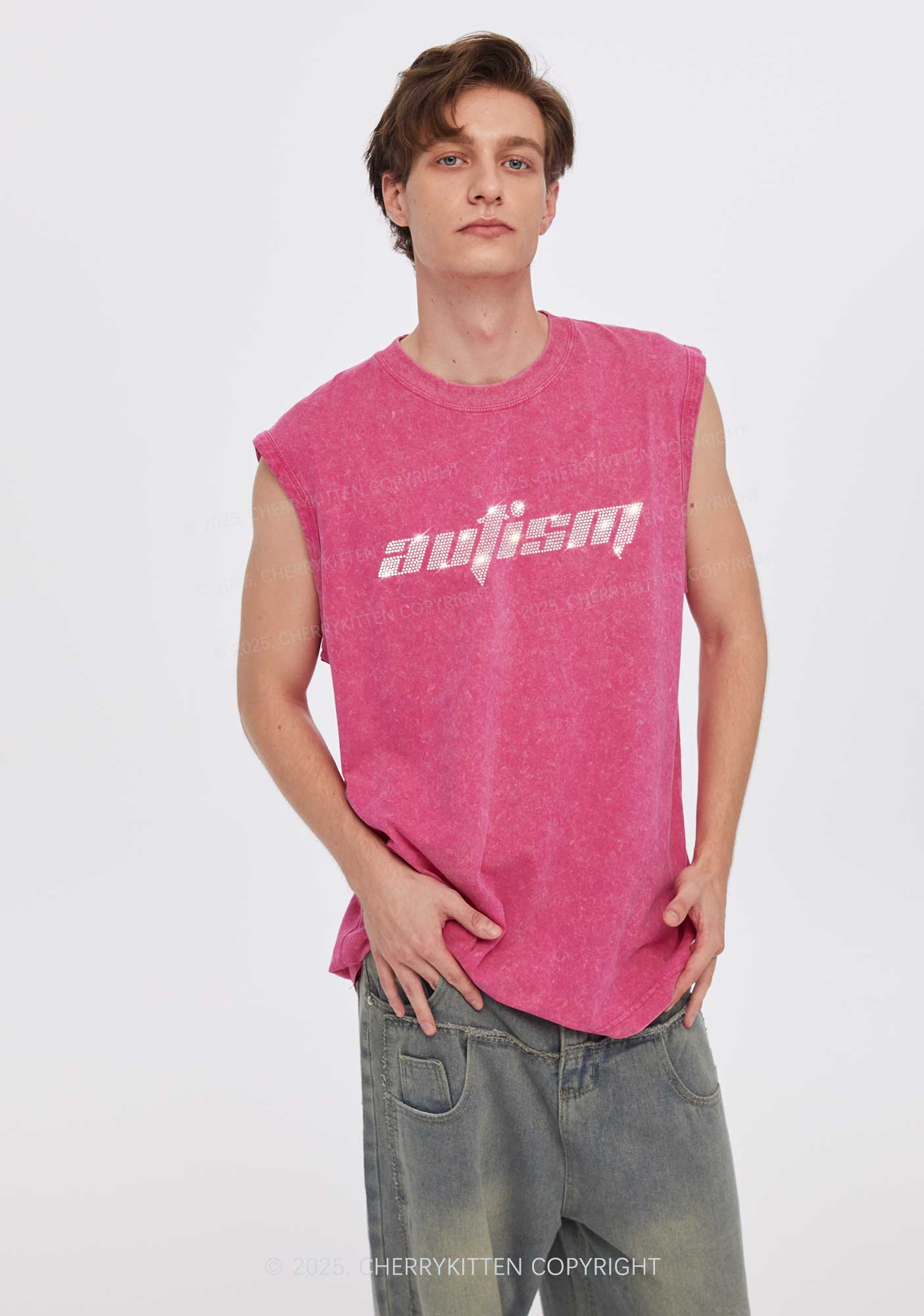 Rhinestone Autism Y2K Washed Muscle Tank Cherrykitten - Image 2