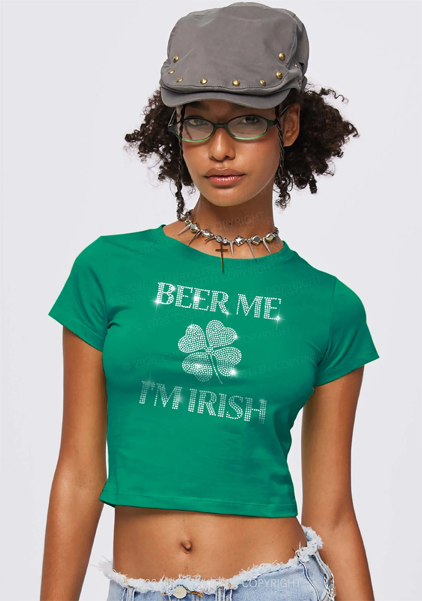 Rhinestone Beer Me Im Irish St Patricks Y2K Baby Tee Cherrykitten - Image 2