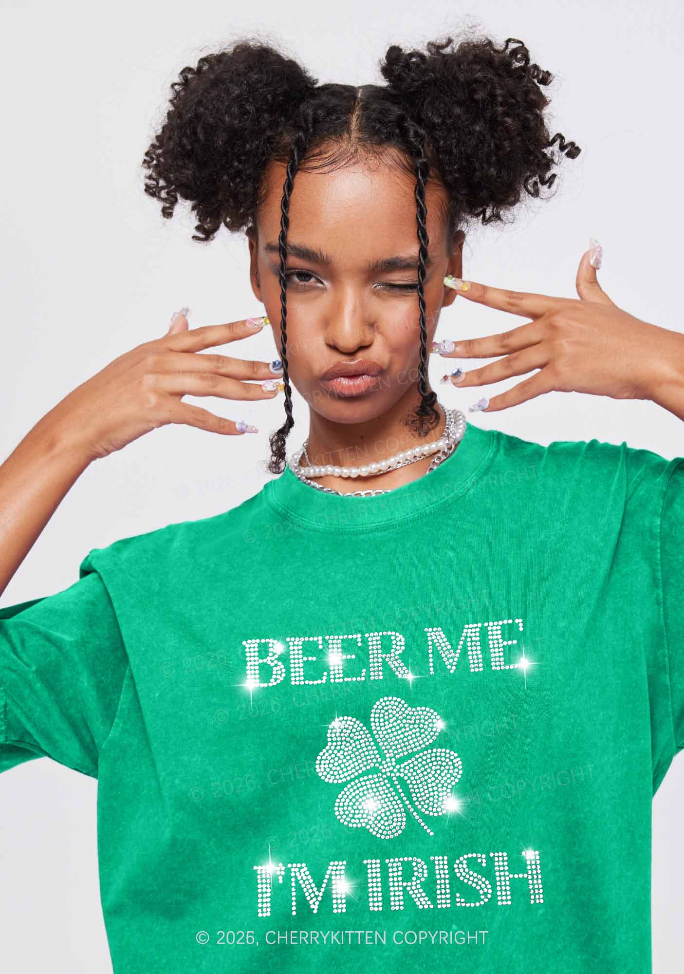 Rhinestone Beer Me Im Irish St Patricks Y2K Shirts Washed Tee Cherrykitten - Image 2