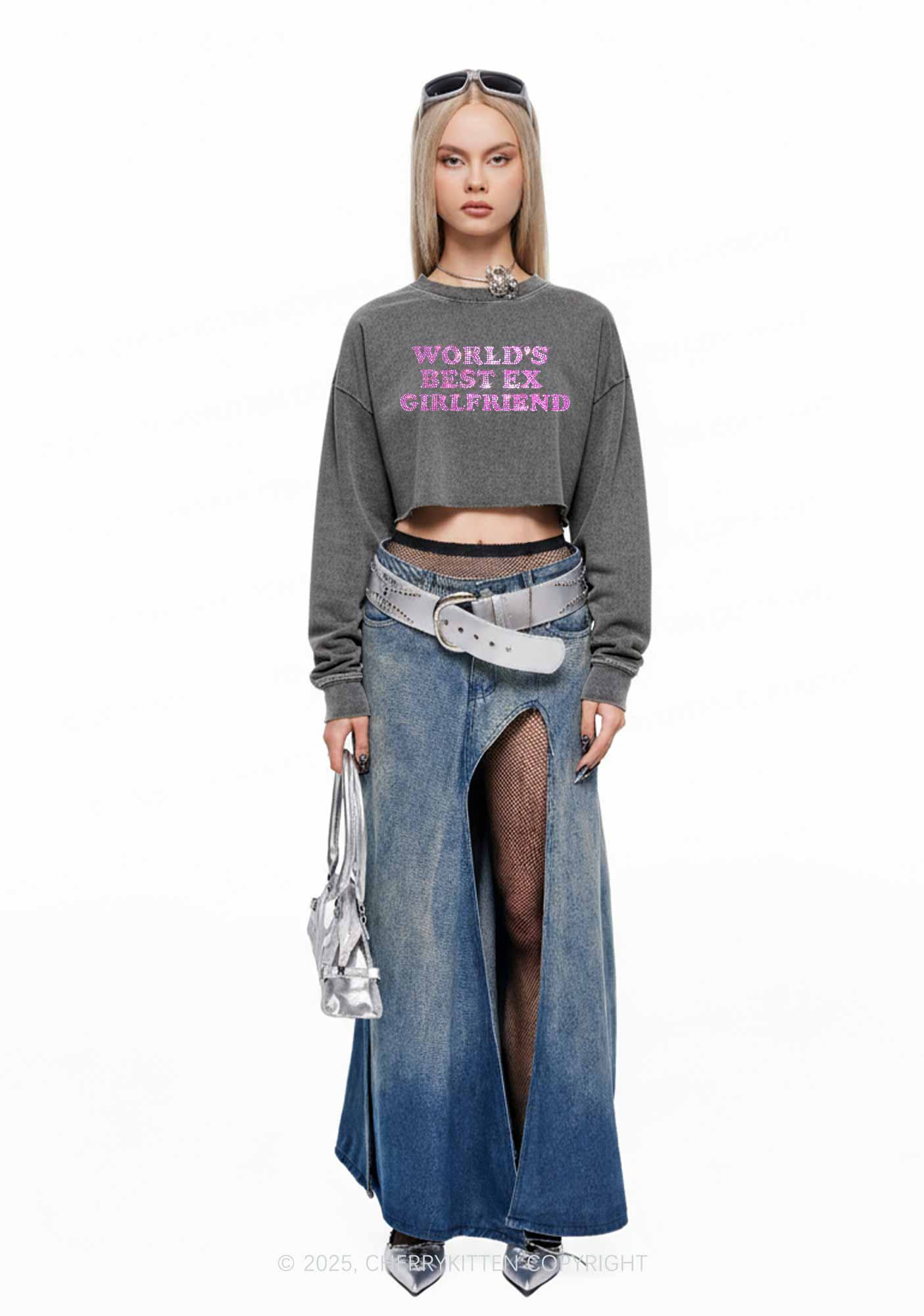 Rhinestone Best Ex Girlfriend Y2K Crop Washed Sweatshirts Cherrykitten - Image 2