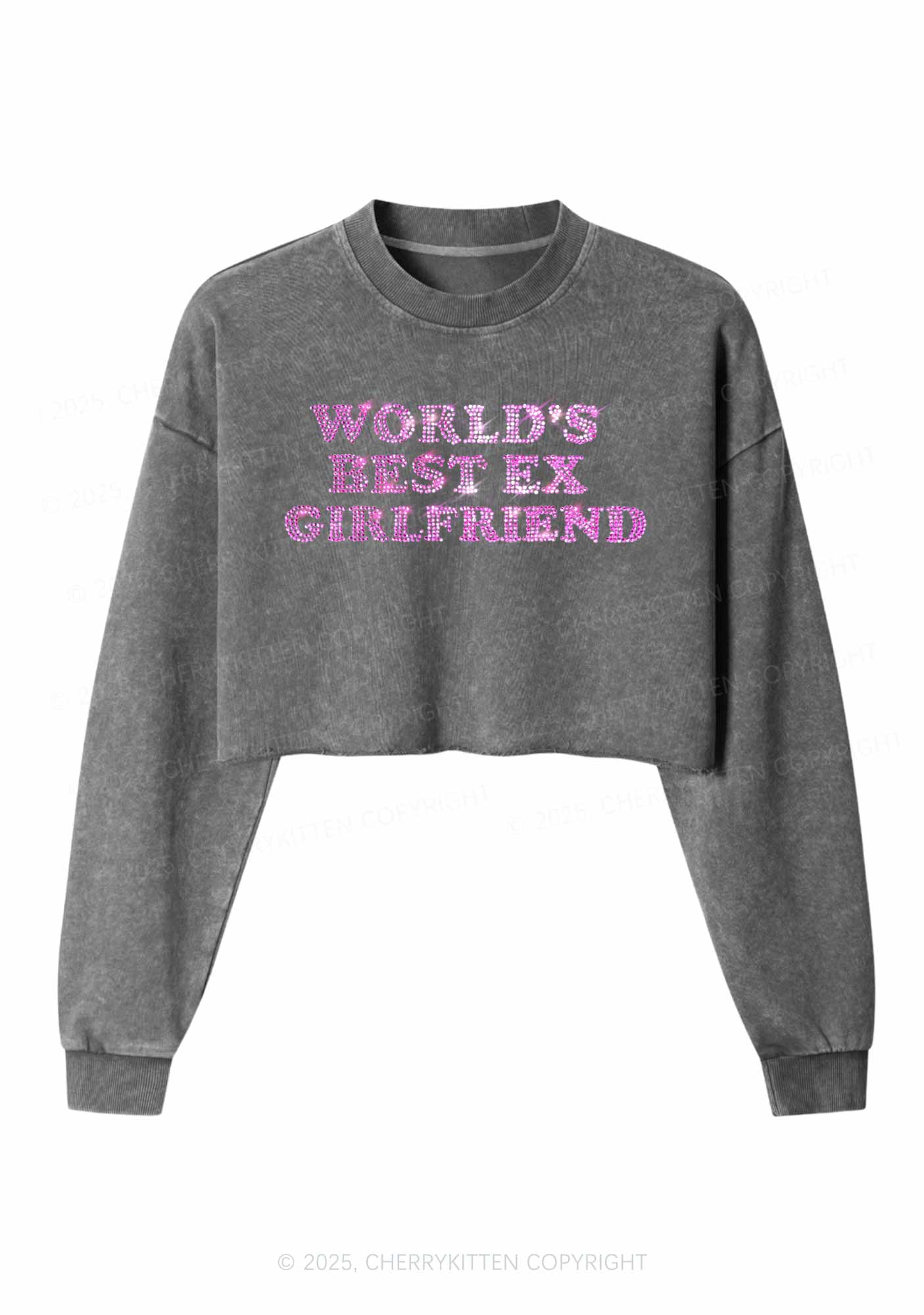 Rhinestone Best Ex Girlfriend Y2K Crop Washed Sweatshirts Cherrykitten - Image 3