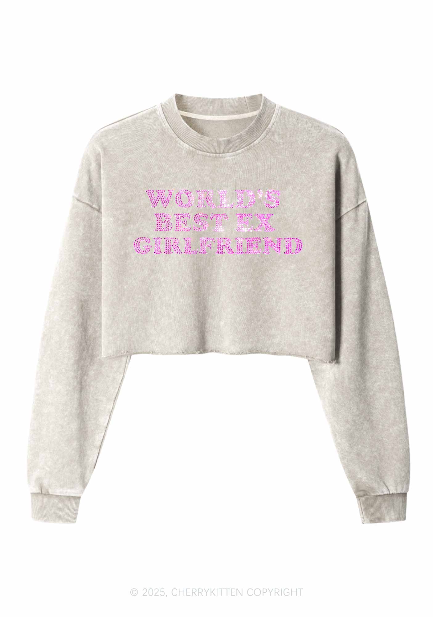 Rhinestone Best Ex Girlfriend Y2K Crop Washed Sweatshirts Cherrykitten - Image 5