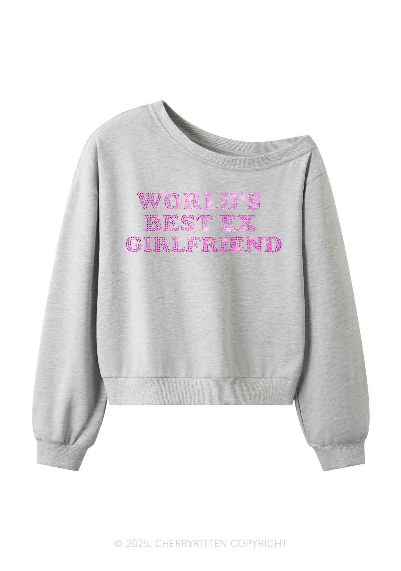 Rhinestone Best Ex Girlfriend Y2K Off Shoulder Sweatshirts Cherrykitten - Image 3