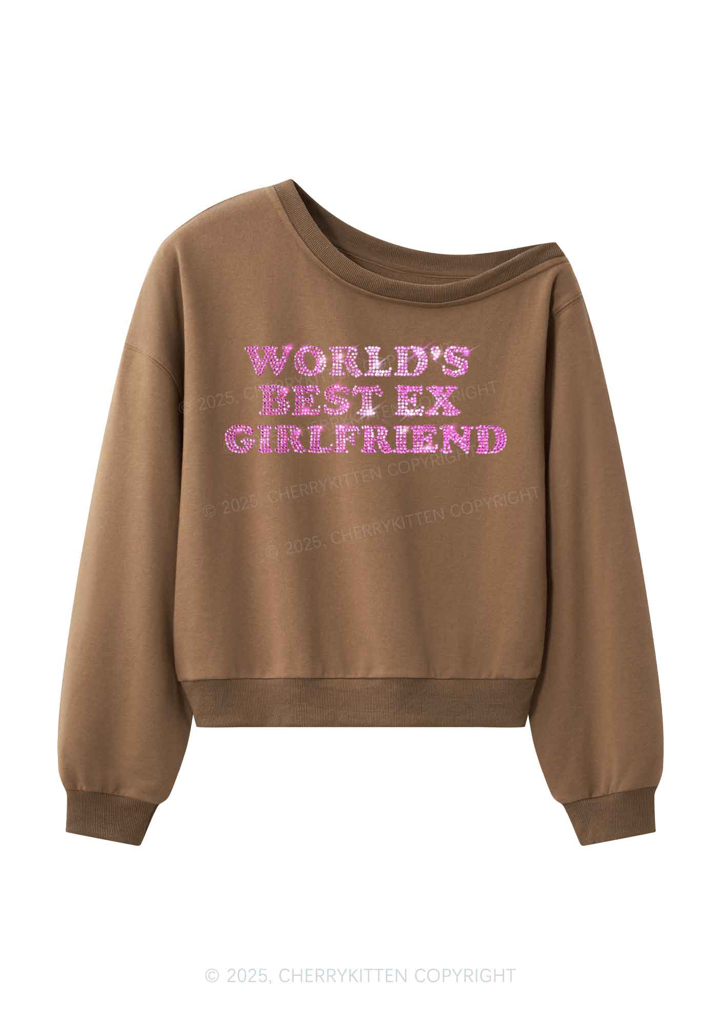 Rhinestone Best Ex Girlfriend Y2K Off Shoulder Sweatshirts Cherrykitten - Image 4