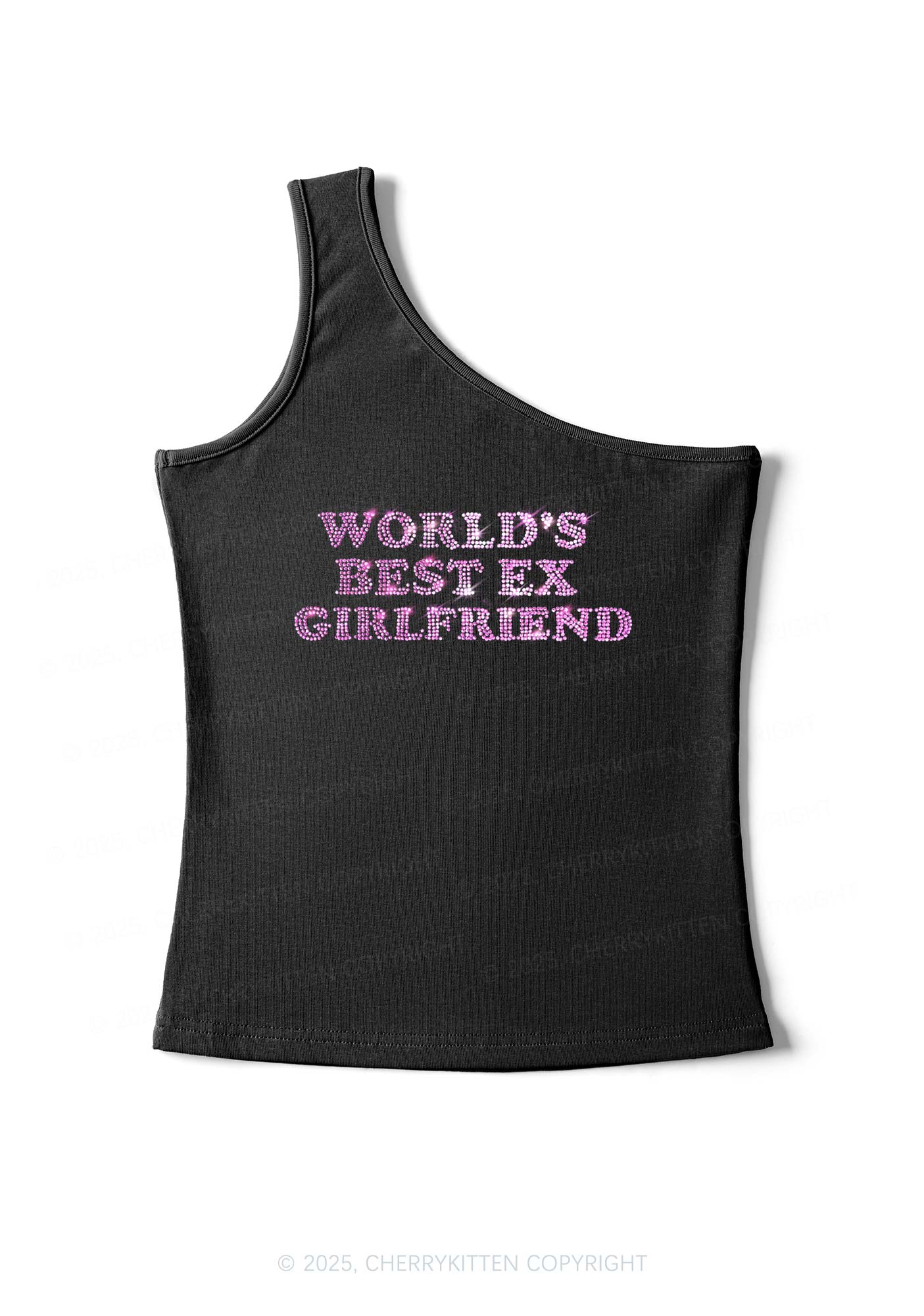 Rhinestone Best Ex Girlfriend Y2K One Shoulder Tank Top Cherrykitten - Image 2