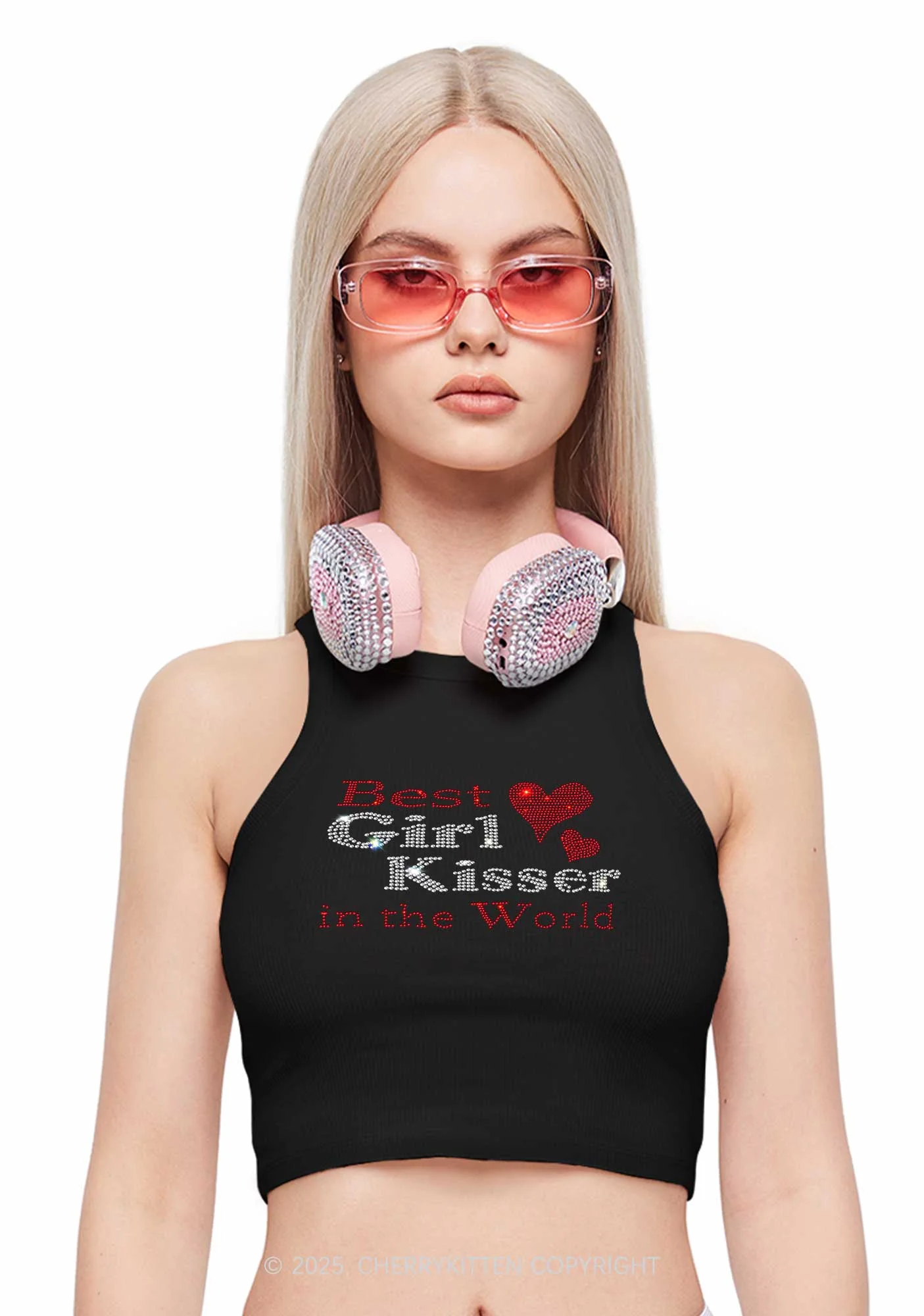 Rhinestone Best Girl Kisser Pride Y2K Crop Tank Top Cherrykitten - Image 2
