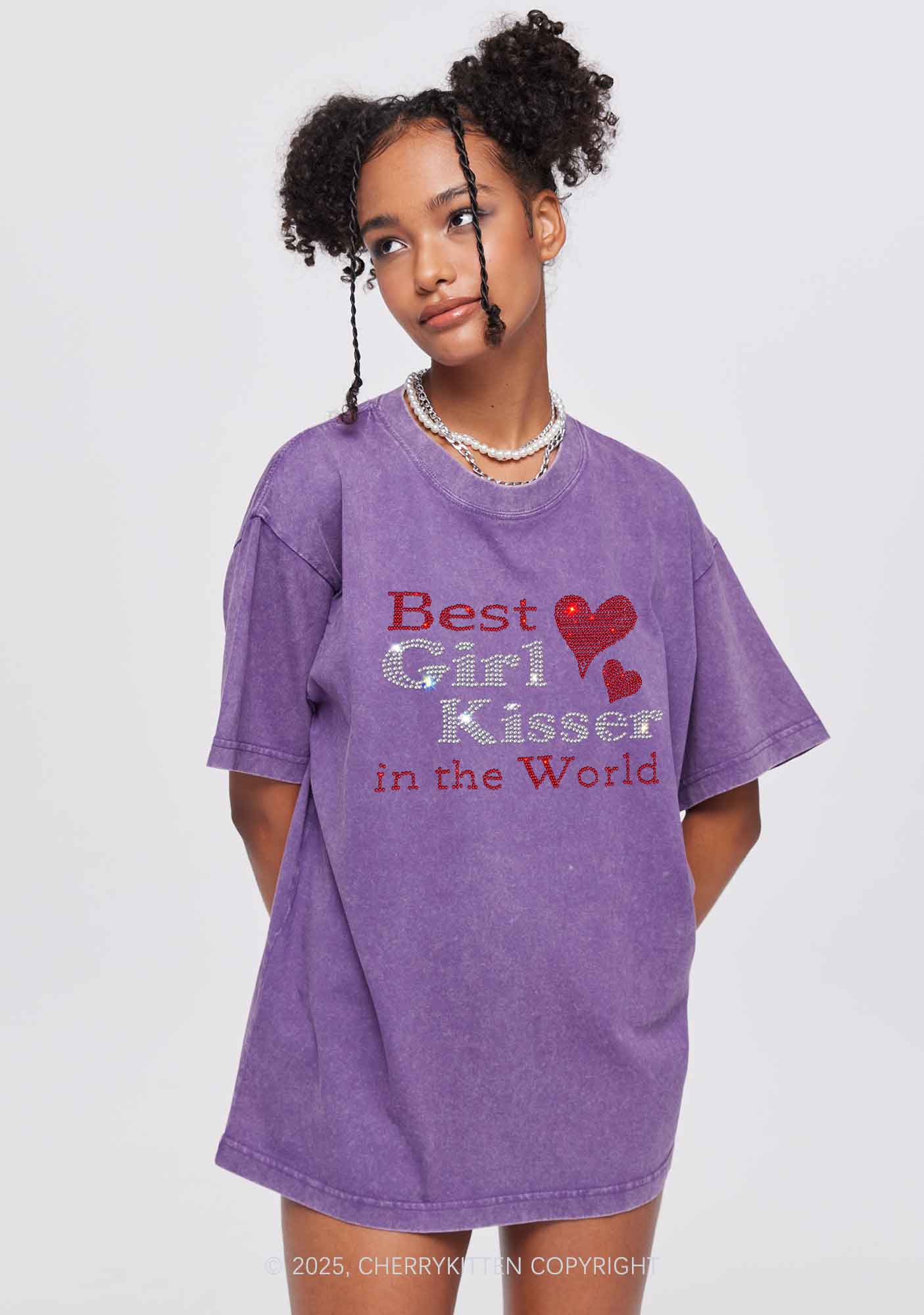 Rhinestone Best Girl Kisser Pride Y2K Shirts Washed Tee Cherrykitten - Image 2