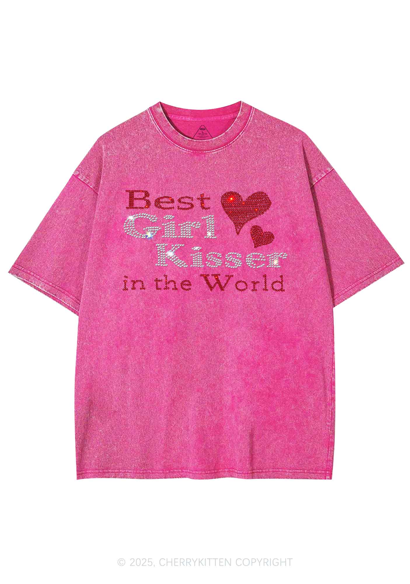 Rhinestone Best Girl Kisser Pride Y2K Shirts Washed Tee Cherrykitten - Image 3