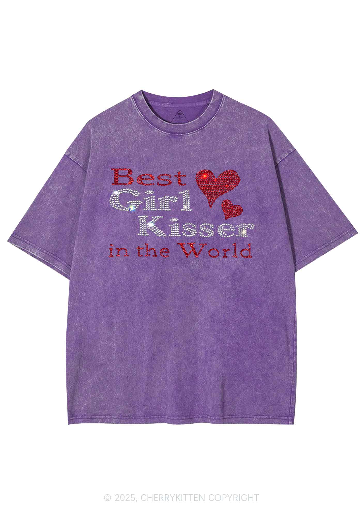Rhinestone Best Girl Kisser Pride Y2K Shirts Washed Tee Cherrykitten - Image 4