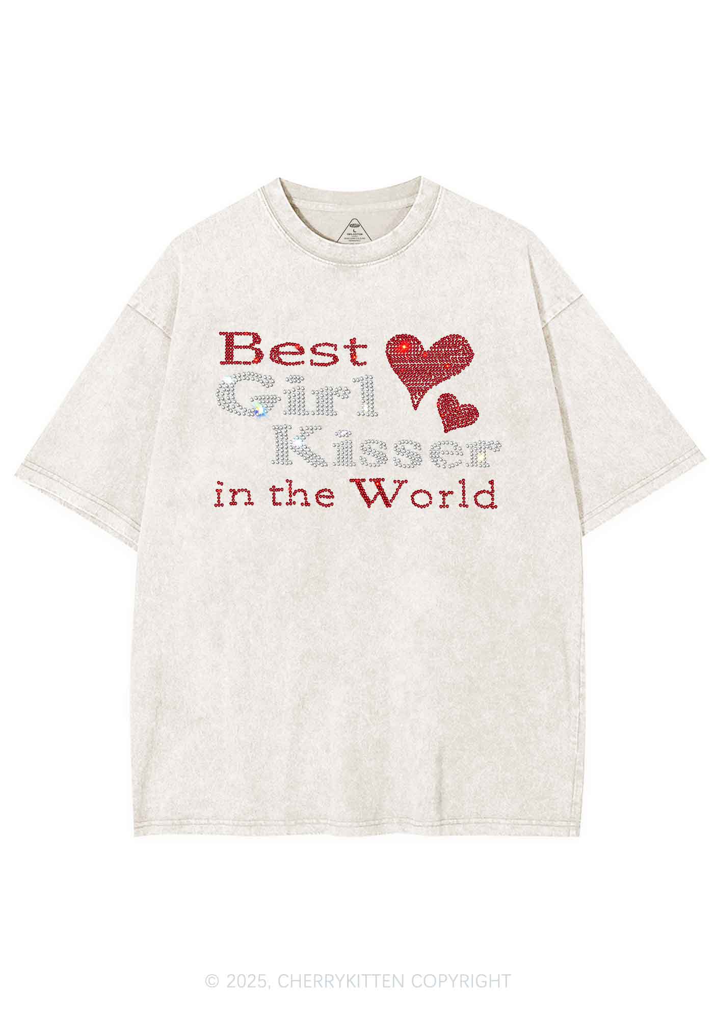 Rhinestone Best Girl Kisser Pride Y2K Shirts Washed Tee Cherrykitten - Image 5