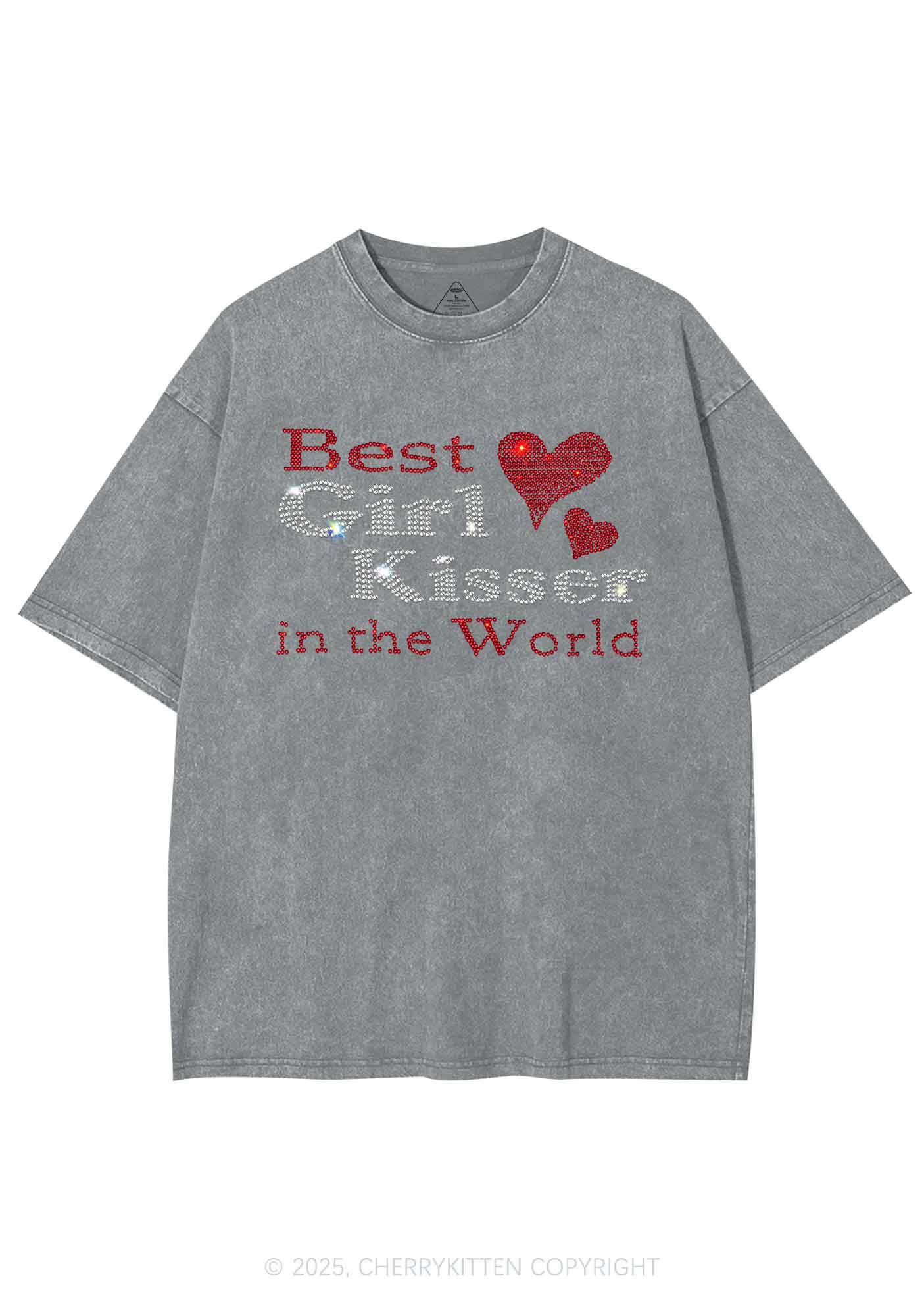 Rhinestone Best Girl Kisser Pride Y2K Shirts Washed Tee Cherrykitten - Image 7