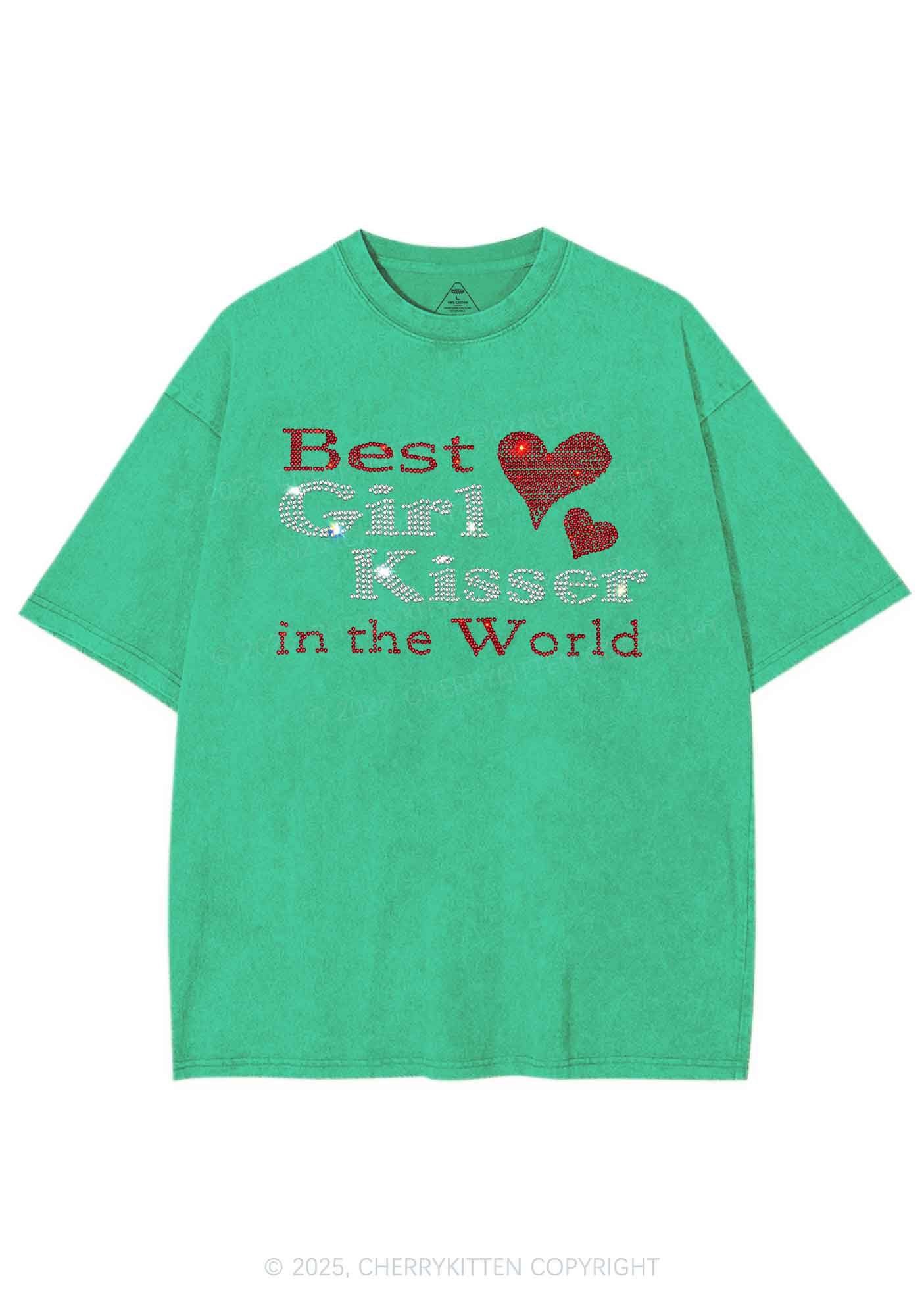 Rhinestone Best Girl Kisser Pride Y2K Shirts Washed Tee Cherrykitten - Image 8