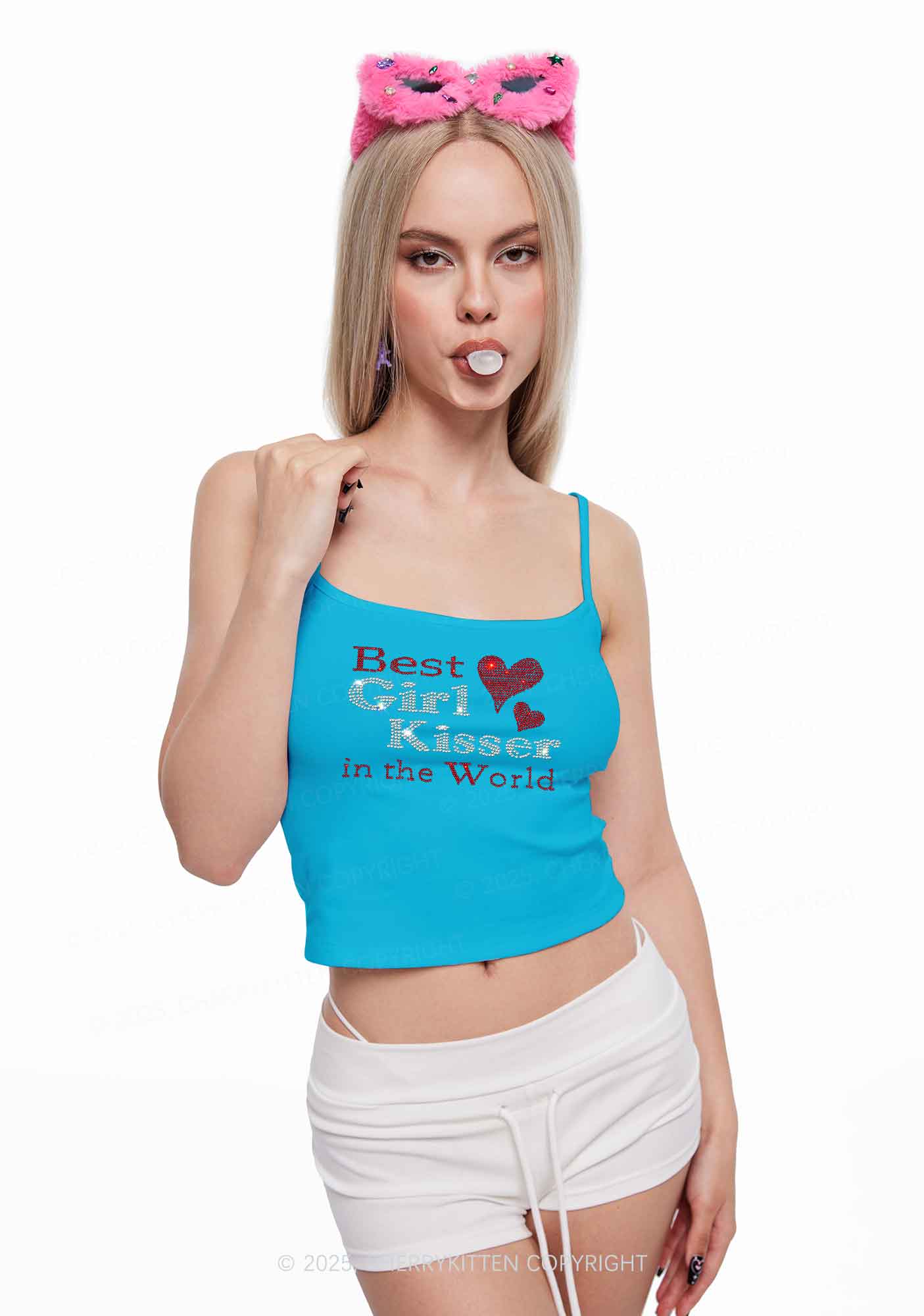 Rhinestone Best Girl Kisser Pride Y2K Spaghetti Strap Cami Cherrykitten - Image 2