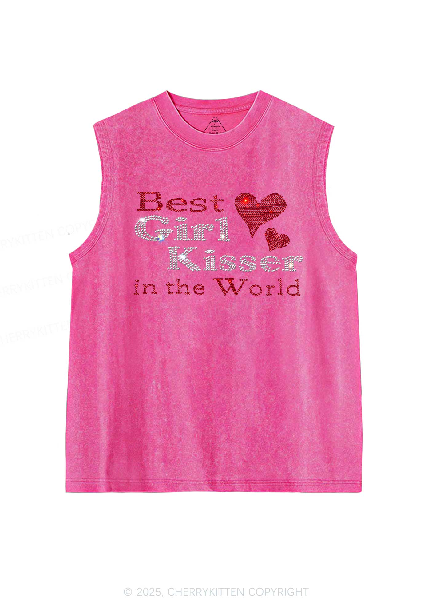 Rhinestone Best Girl Kisser Pride Y2K Washed Muscle Tank Cherrykitten - Image 3