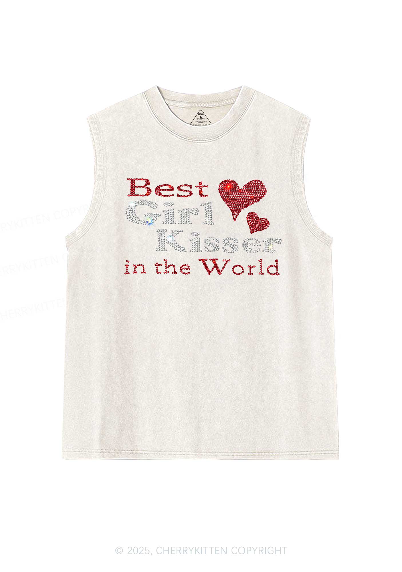 Rhinestone Best Girl Kisser Pride Y2K Washed Muscle Tank Cherrykitten - Image 4